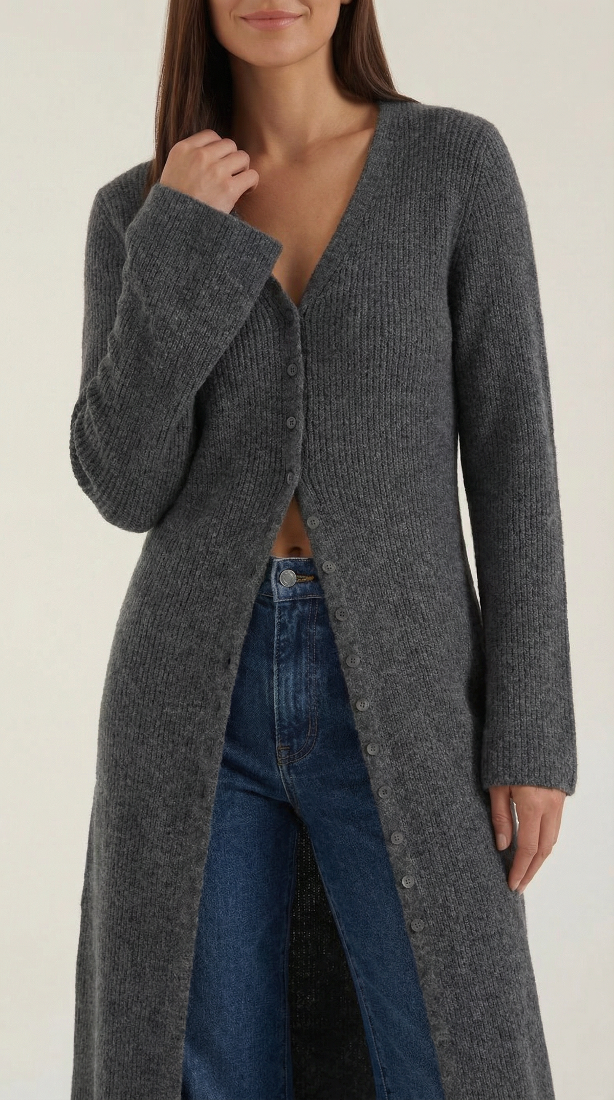 Lange Strickjacke mit Rippstruktur und V-Ausschnitt für Damen