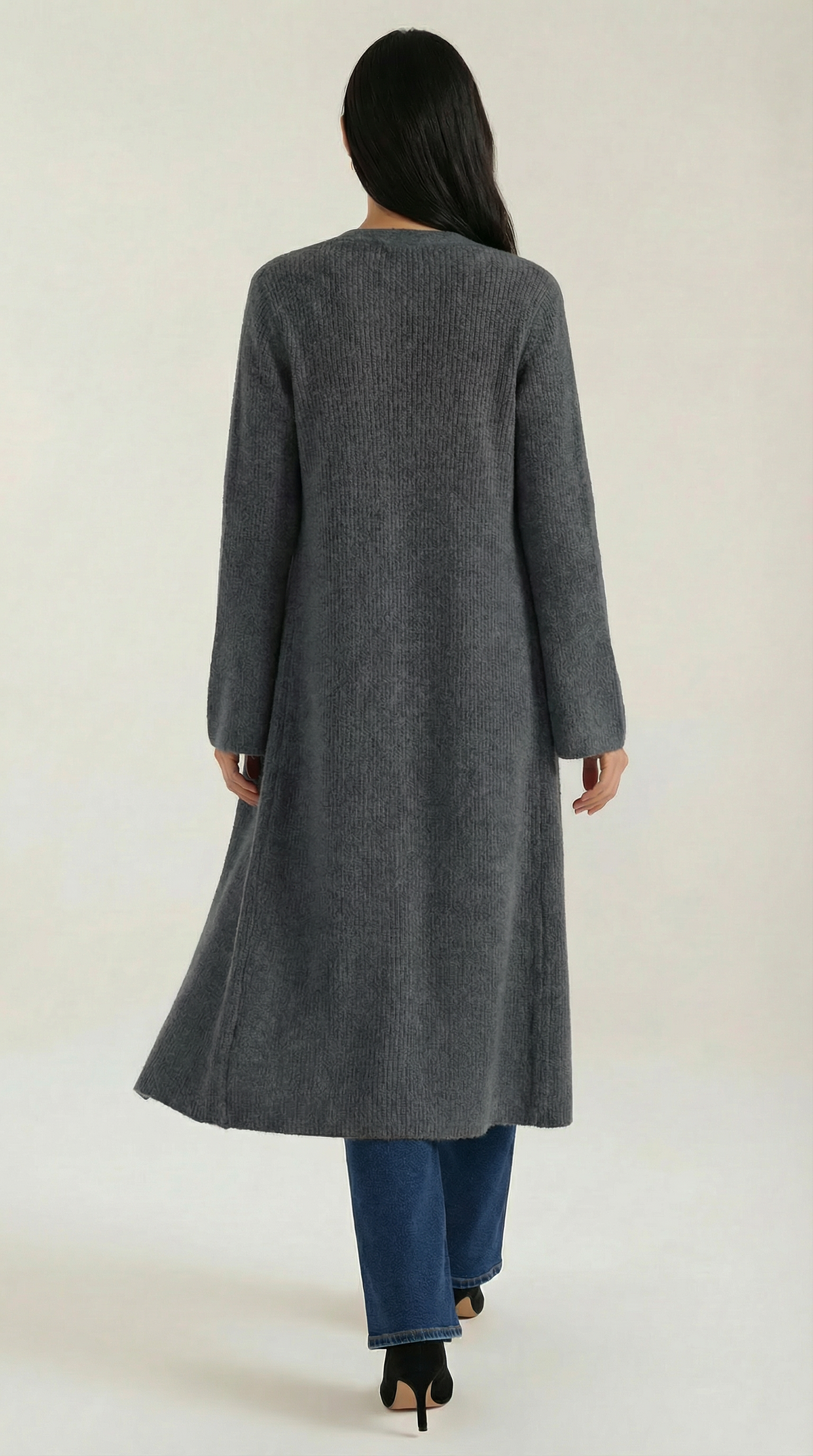 Lange Strickjacke mit Rippstruktur und V-Ausschnitt für Damen