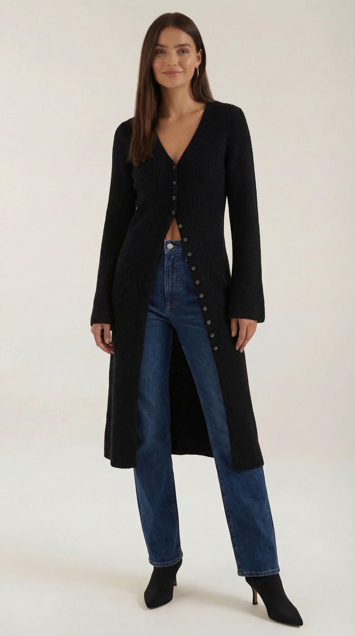 Lange Strickjacke mit Rippstruktur und V-Ausschnitt für Damen - Schwarz