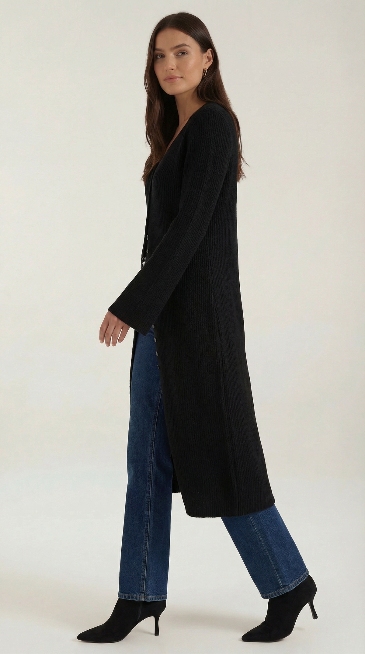 Lange Strickjacke mit Rippstruktur und V-Ausschnitt für Damen