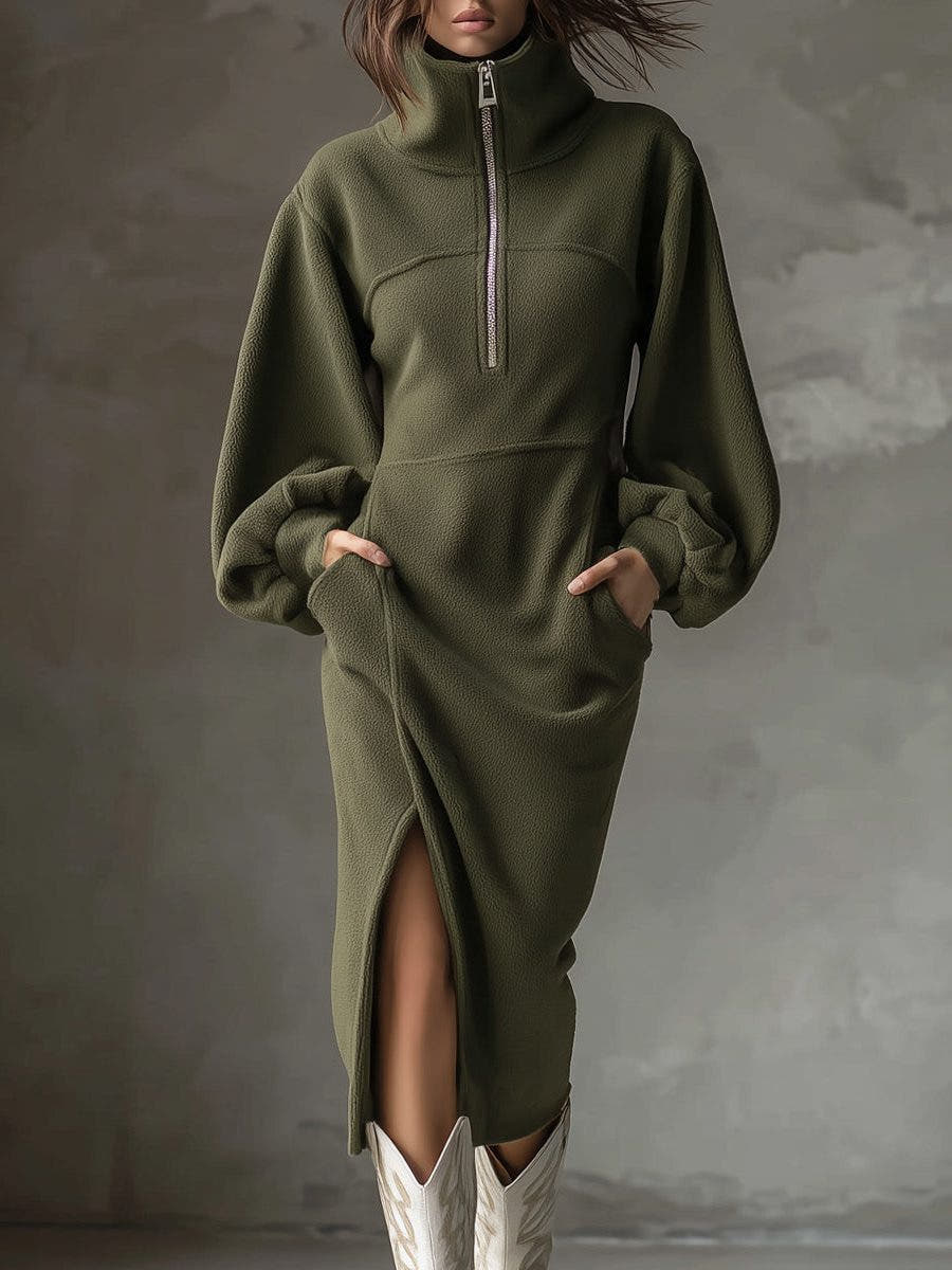 Kleid aus Fleece mit Halbreissverschluss und Laternenärmeln für Damen