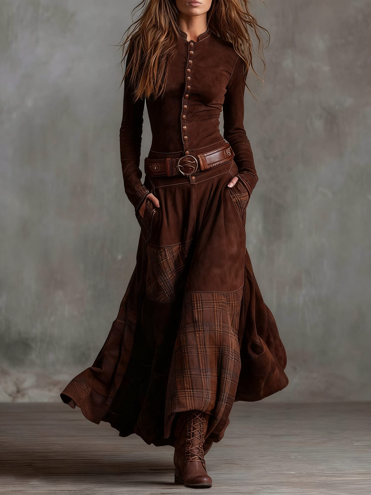 Langes Kleid mit Karo-Einsätzen und Knopfleiste für Damen
