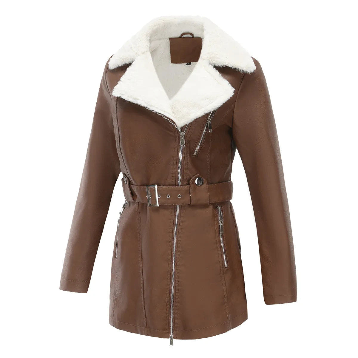 Wintermantel Damen aus Kunstleder mit Teddykragen und Gürtel