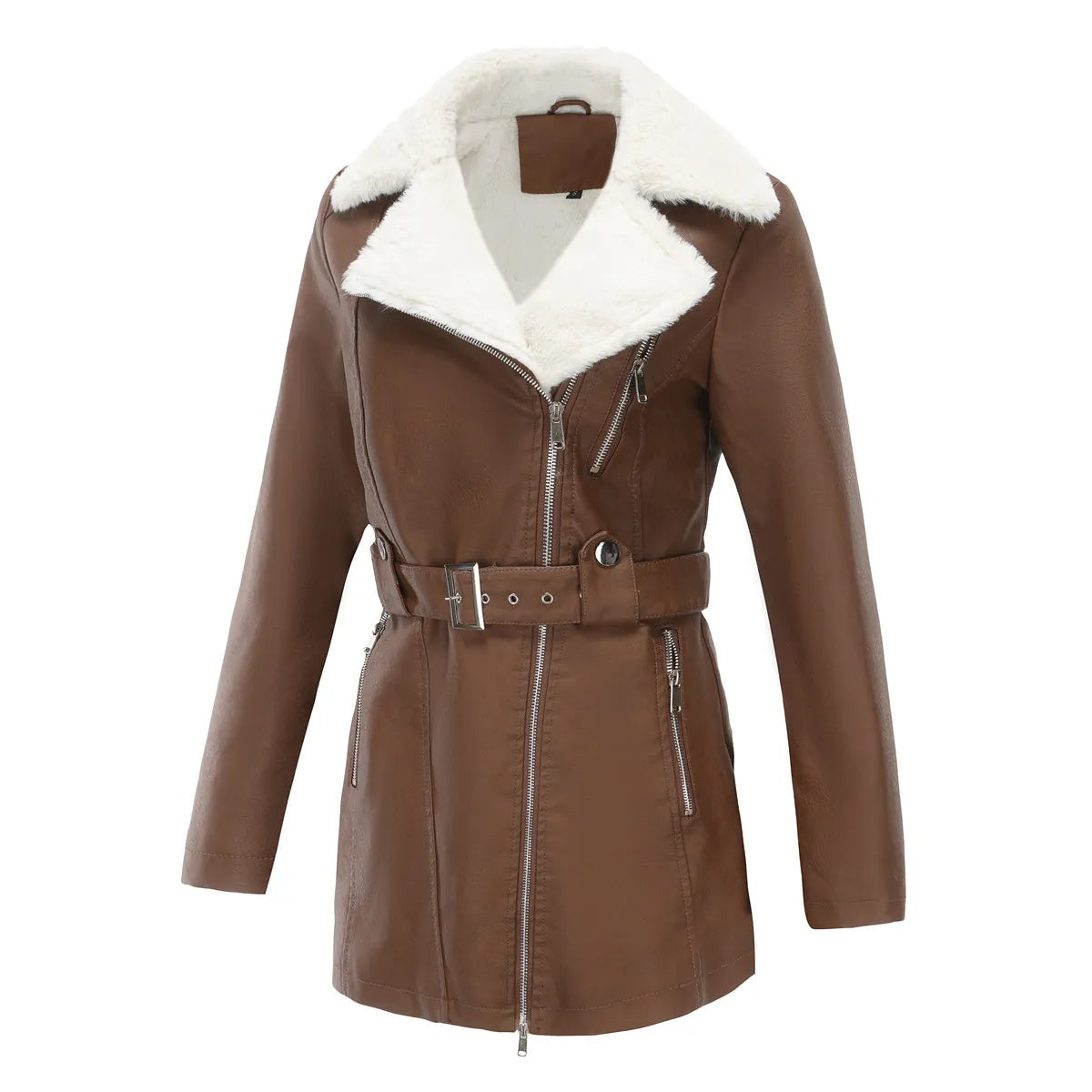 Wintermantel Damen aus Kunstleder mit Teddykragen und Gürtel