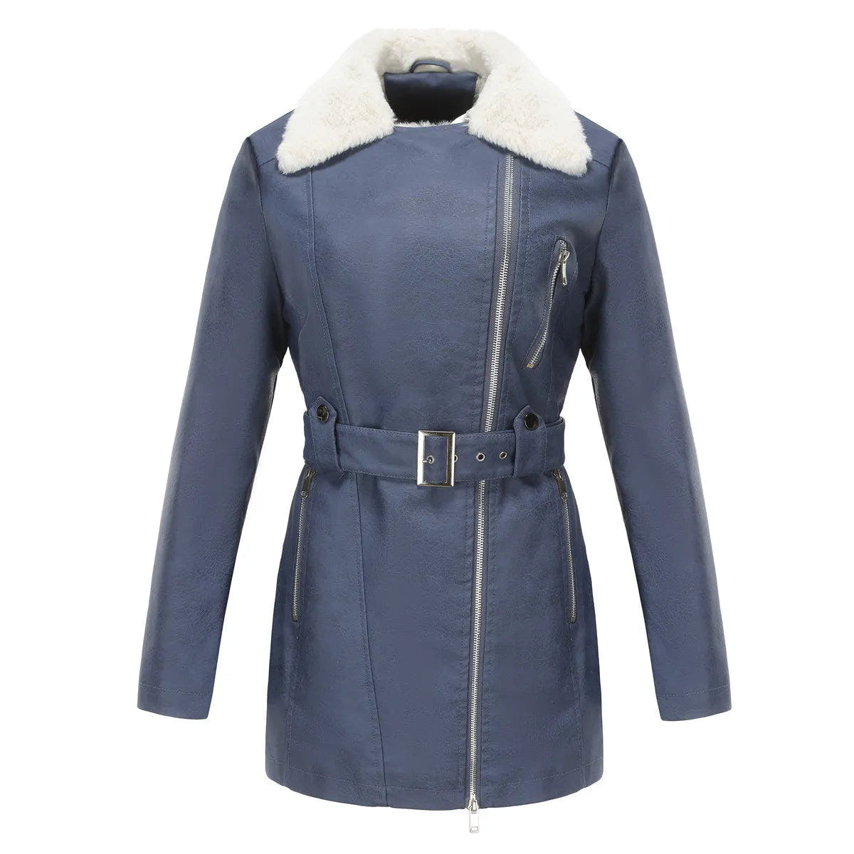 Wintermantel Damen aus Kunstleder mit Teddykragen und Gürtel