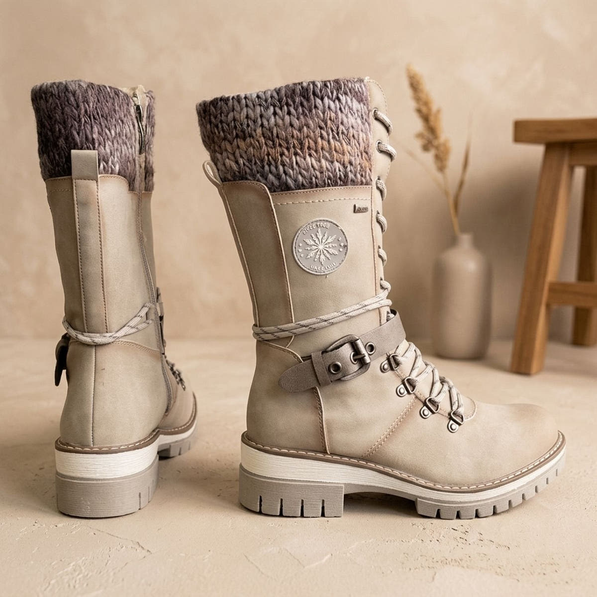 Winterstiefel Damen aus Kunstleder mit Teddyfleece-Futter und Strickbund