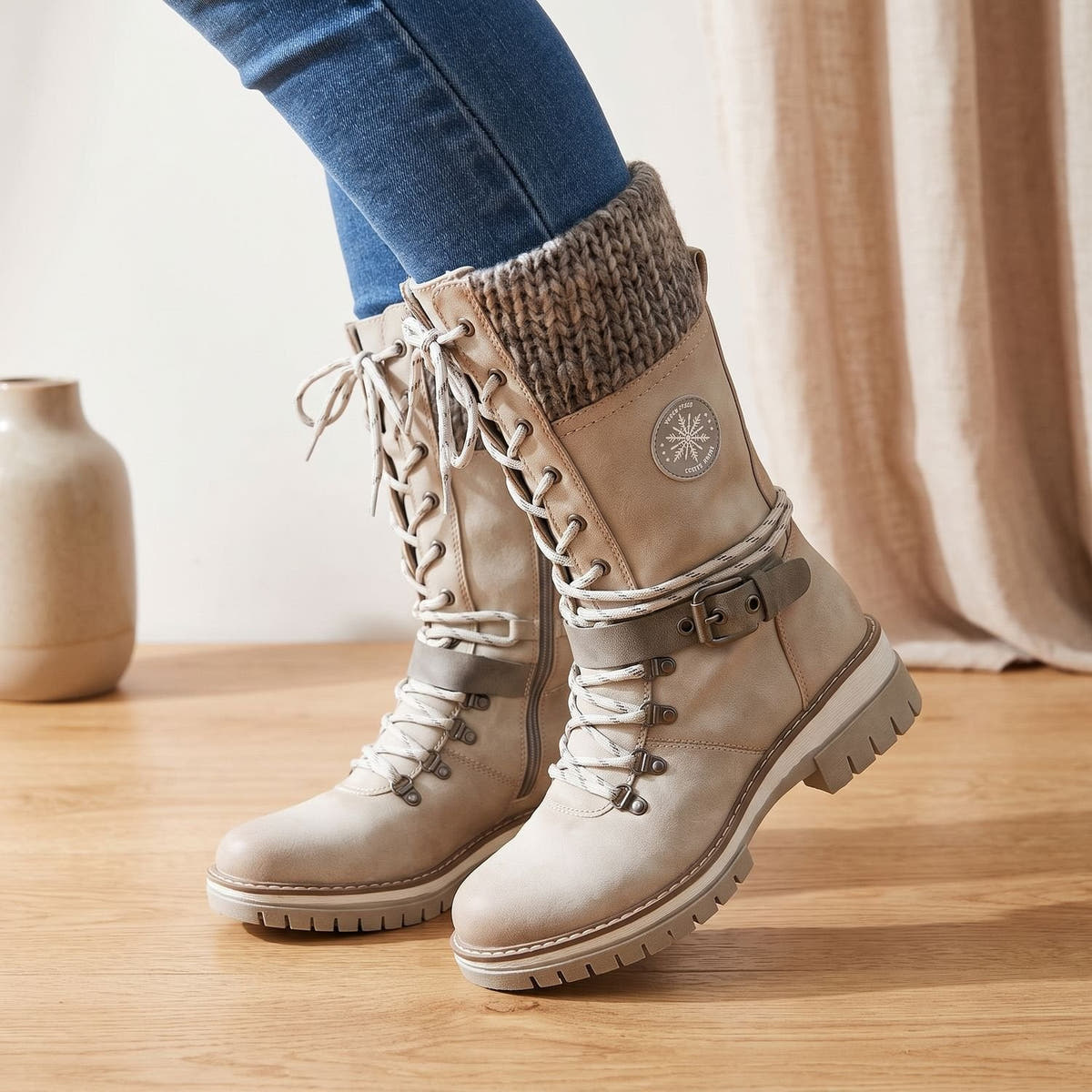 Winterstiefel Damen aus Kunstleder mit Teddyfleece-Futter und Strickbund