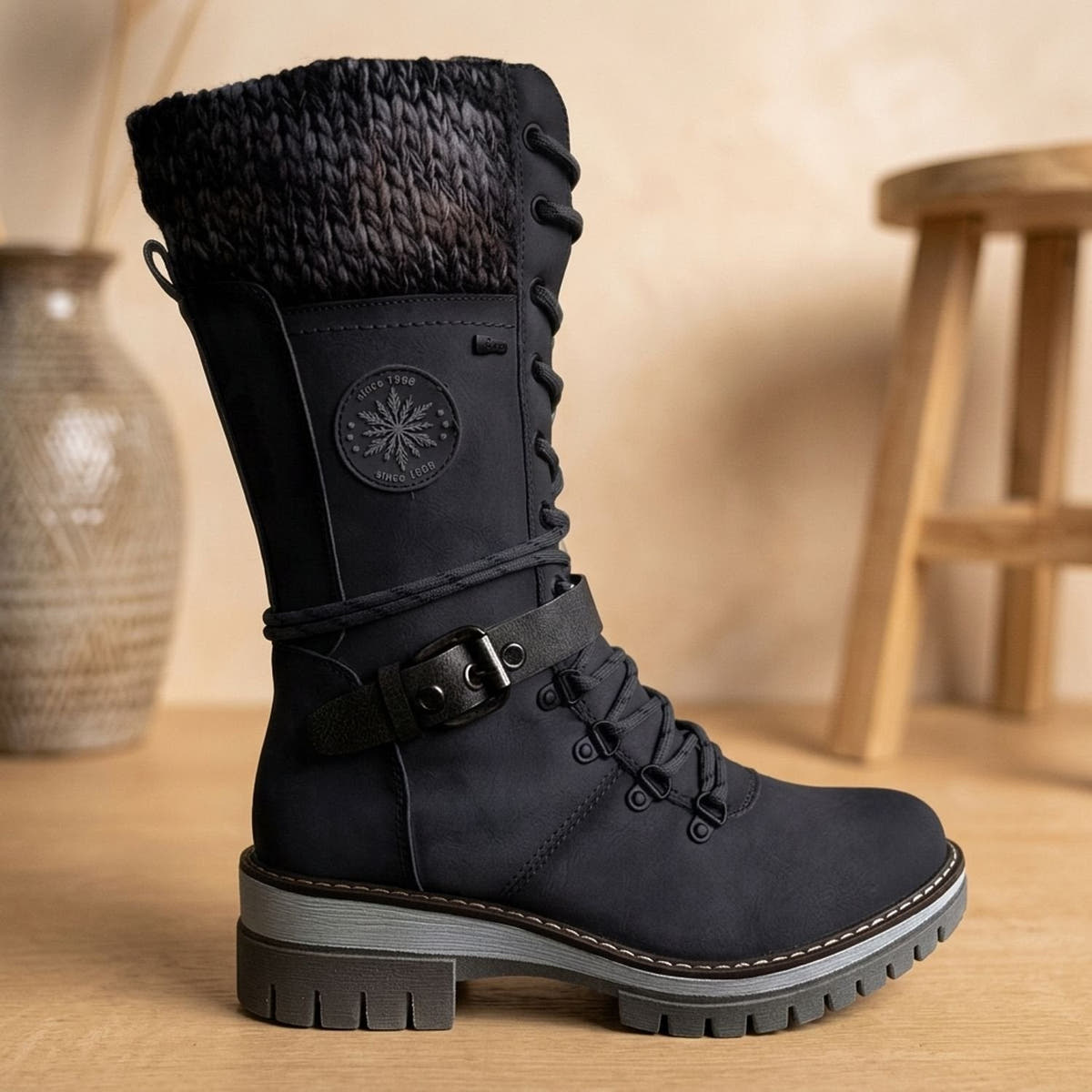 Winterstiefel Damen aus Kunstleder mit Teddyfleece-Futter und Strickbund