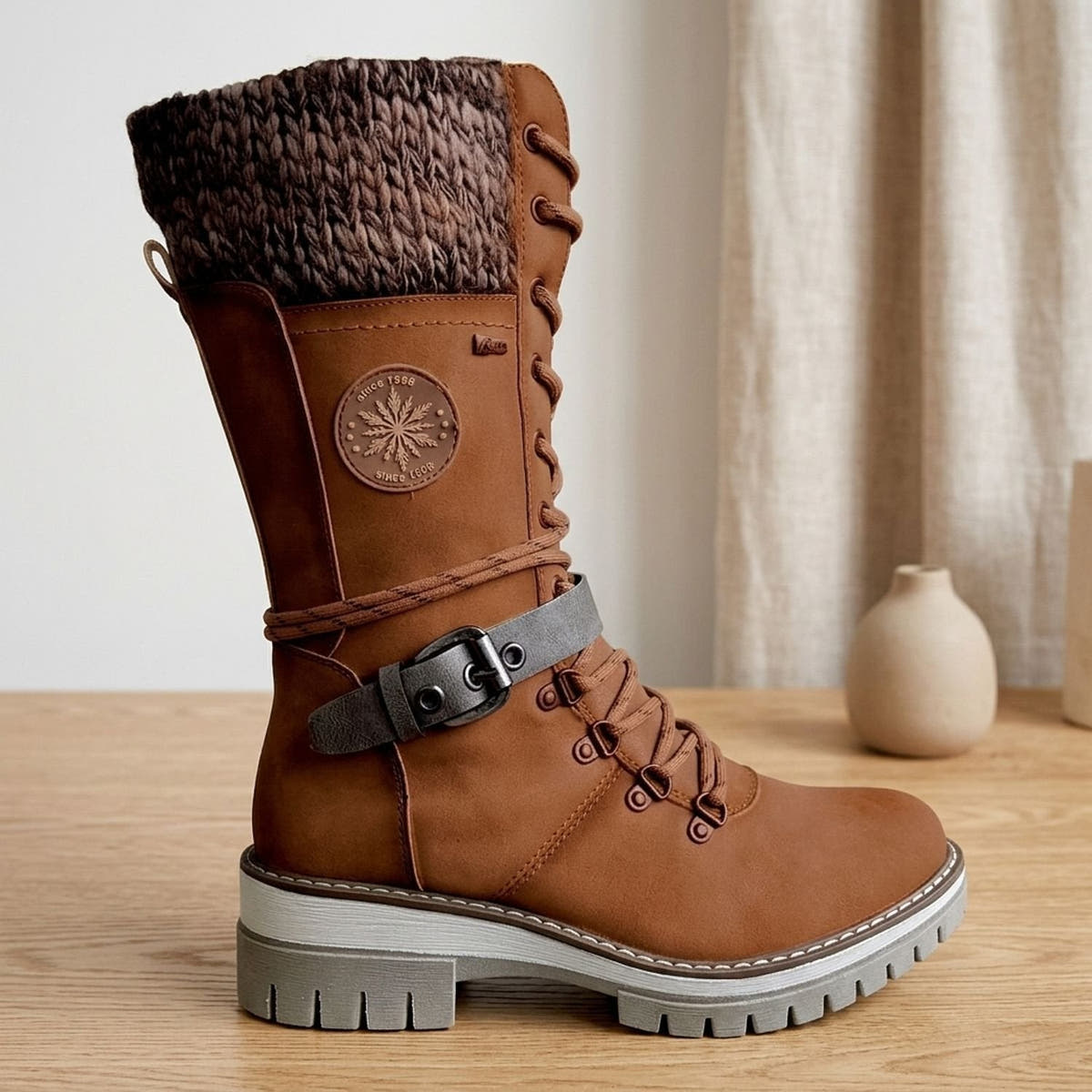 Winterstiefel Damen aus Kunstleder mit Teddyfleece-Futter und Strickbund