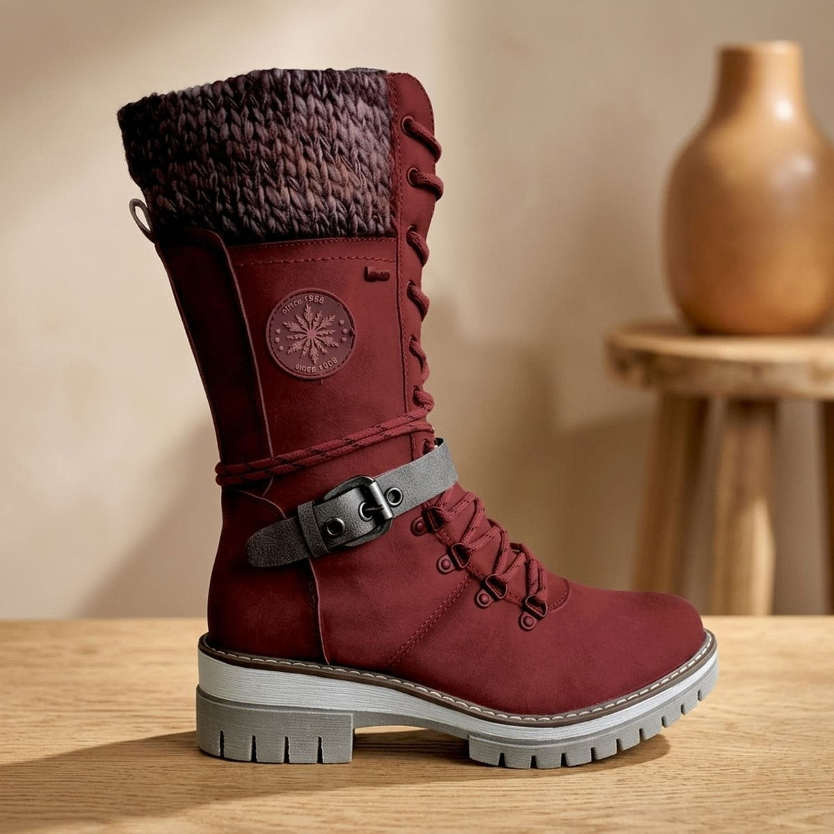 Winterstiefel Damen aus Kunstleder mit Teddyfleece-Futter und Strickbund