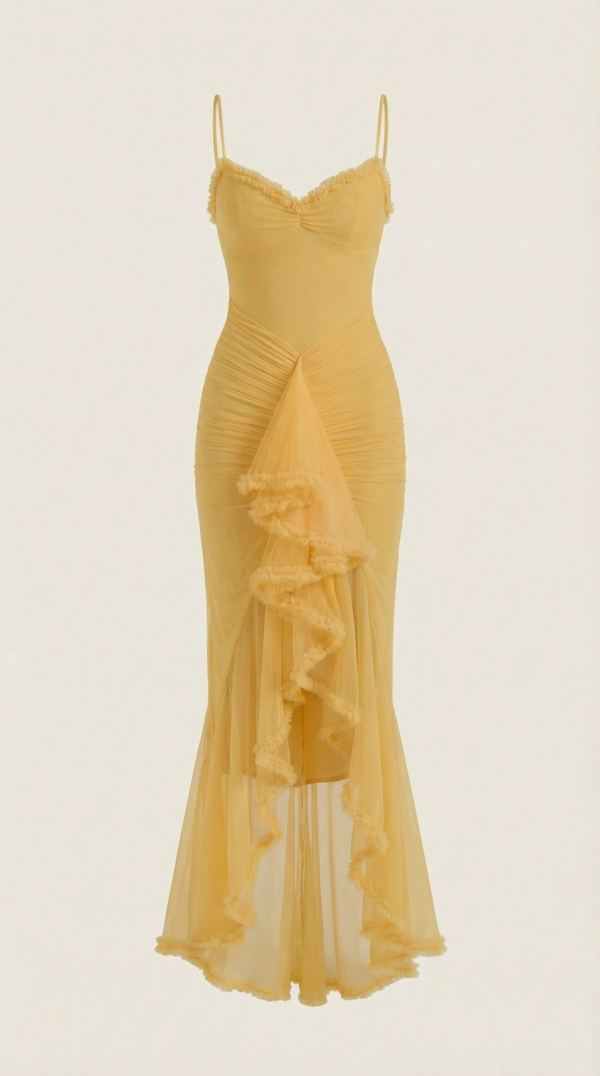 Langes Kleid mit Herzausschnitt und Rüschenbesatz für Damen