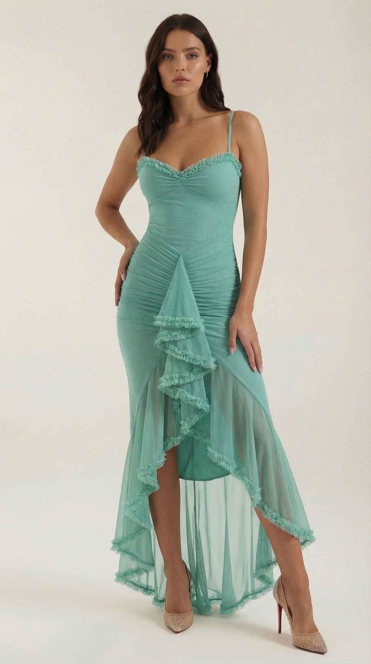 Langes Kleid mit Herzausschnitt und Rüschenbesatz für Damen - Mintgrün