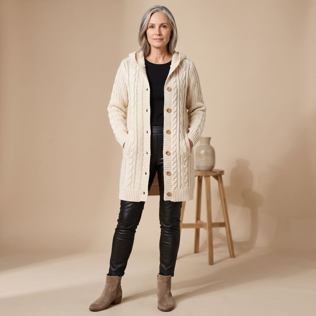 Wollmantel Damen in Grobstrick, lang mit Kapuze und Zopfmuster