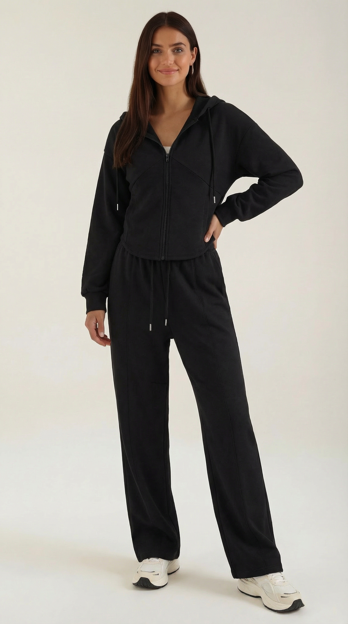 Zweiteiler mit Zip-Hoodie und weiter Hose für Damen - Schwarz