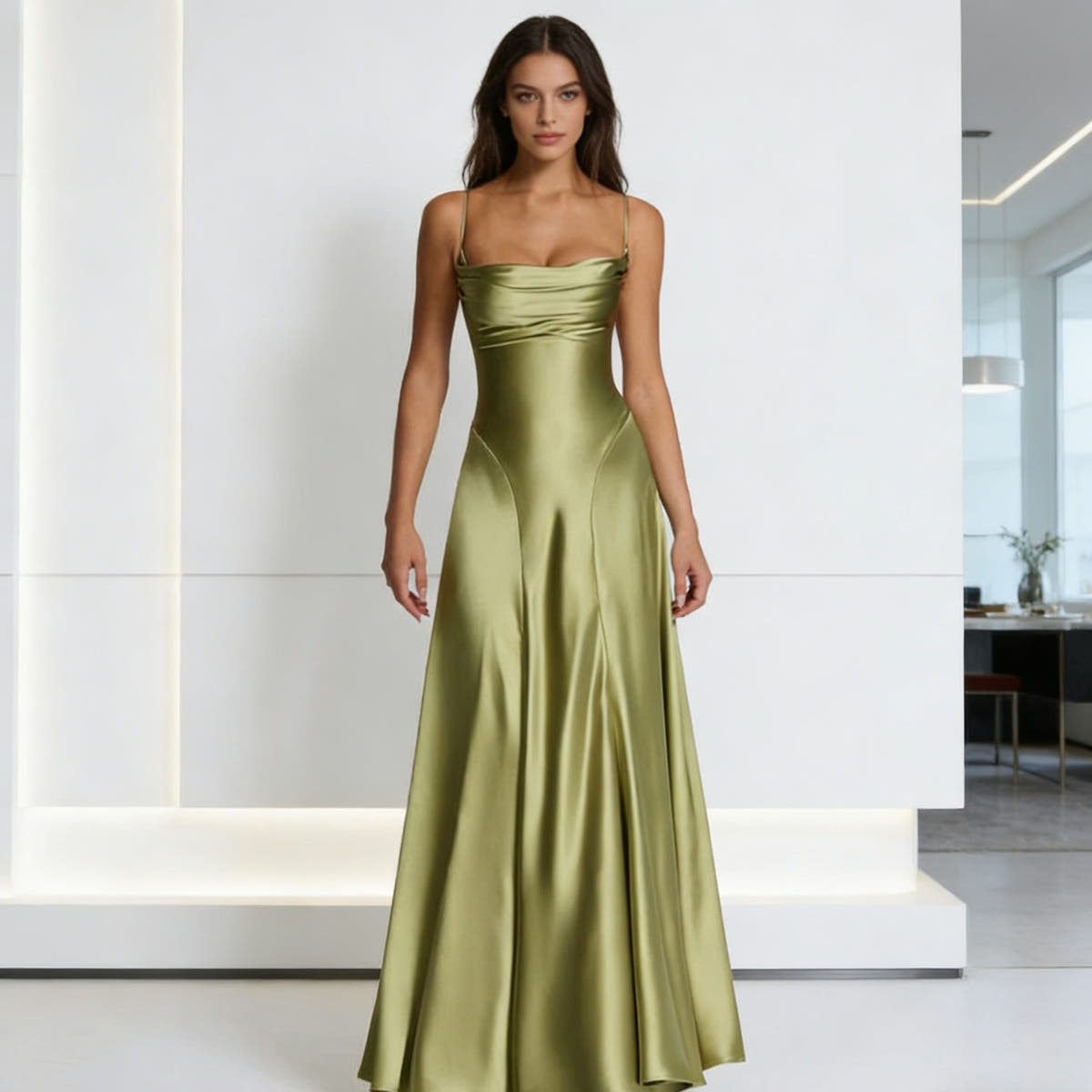 Abendkleid Damen aus Satin, tailliert in Maxilänge mit schmalen Trägern