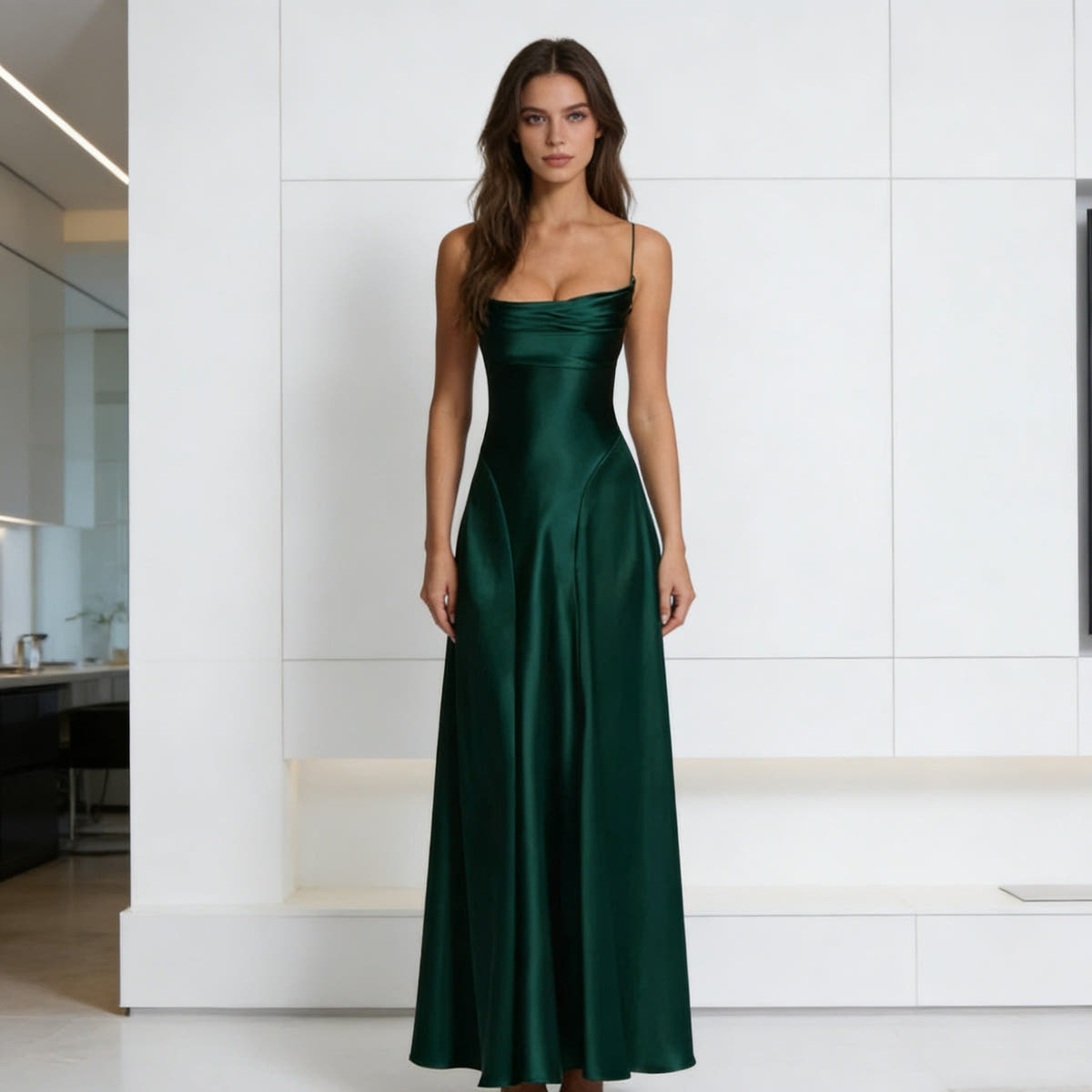 Abendkleid Damen aus Satin, tailliert in Maxilänge mit schmalen Trägern