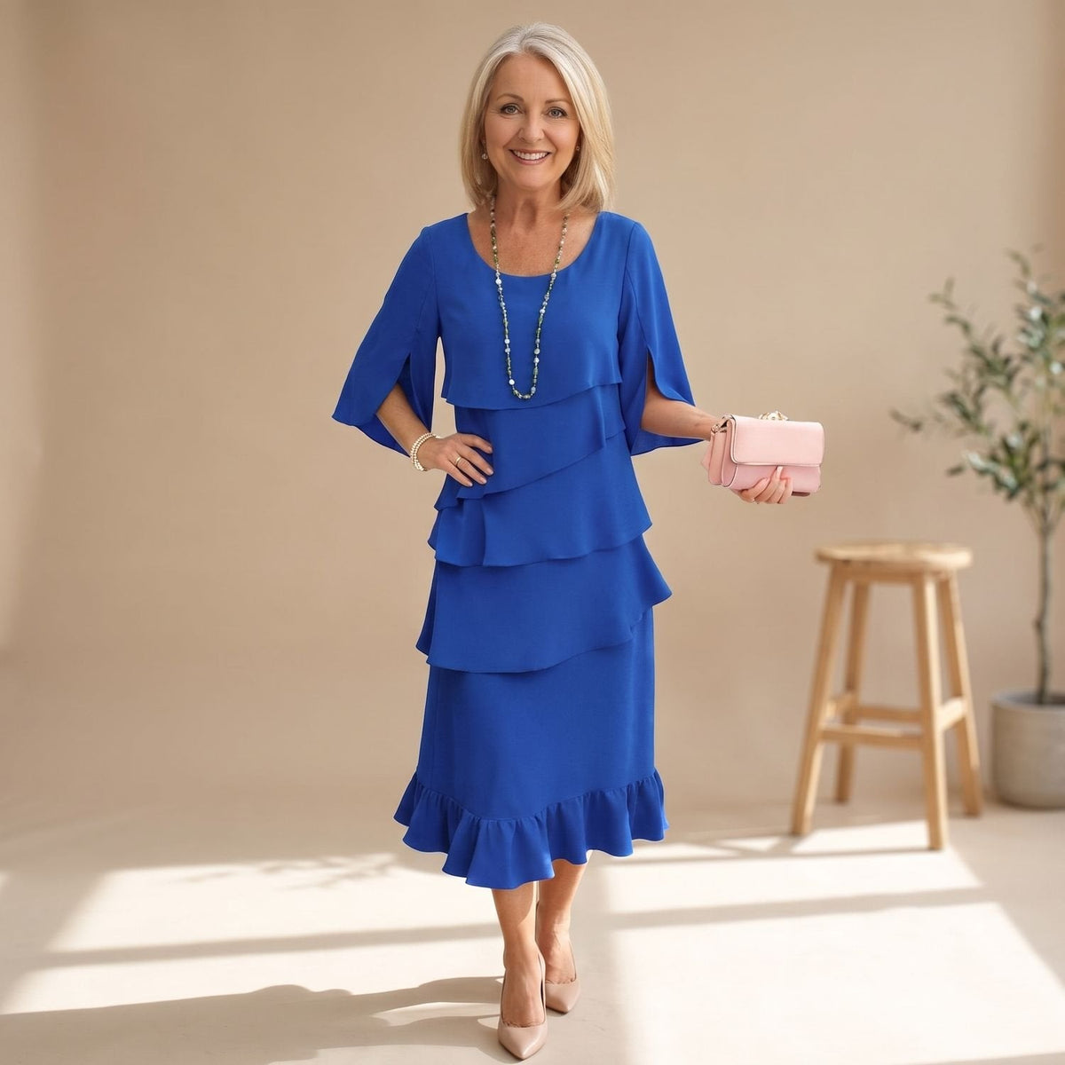 Abendkleid Damen in Midi-Länge mit Rüschen, festlicher Lagenlook