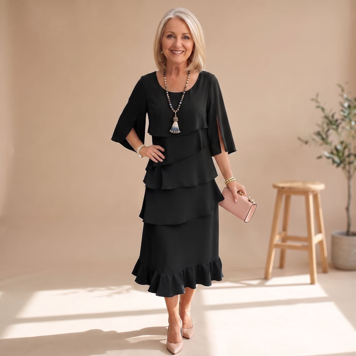 Abendkleid Damen in Midi-Länge mit Rüschen, festlicher Lagenlook