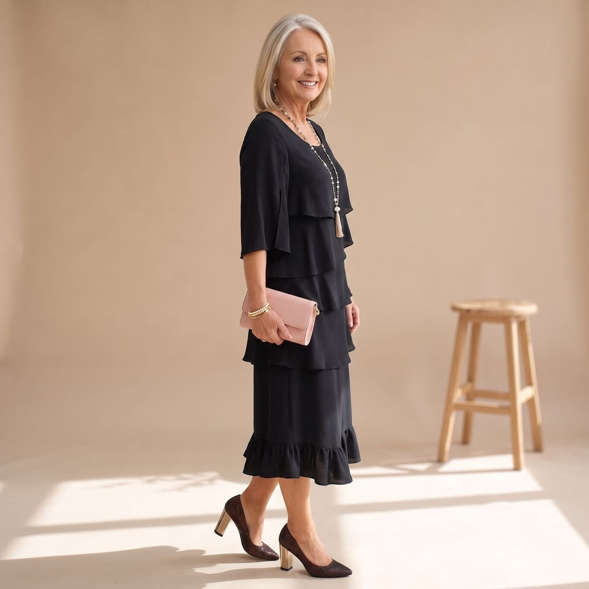 Abendkleid Damen in Midi-Länge mit Rüschen, festlicher Lagenlook