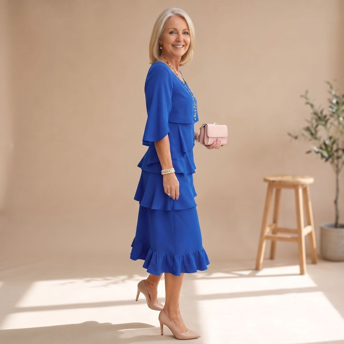 Abendkleid Damen in Midi-Länge mit Rüschen, festlicher Lagenlook