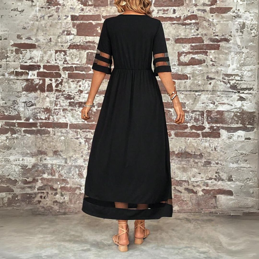 Abendkleid Damen lang in A-Linie mit Rundhalsausschnitt und Halbärmeln