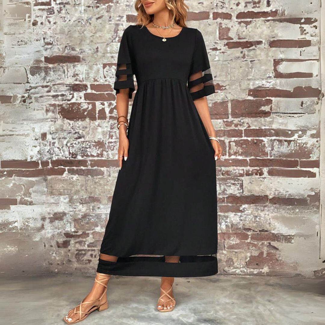 Abendkleid Damen lang in A-Linie mit Rundhalsausschnitt und Halbärmeln
