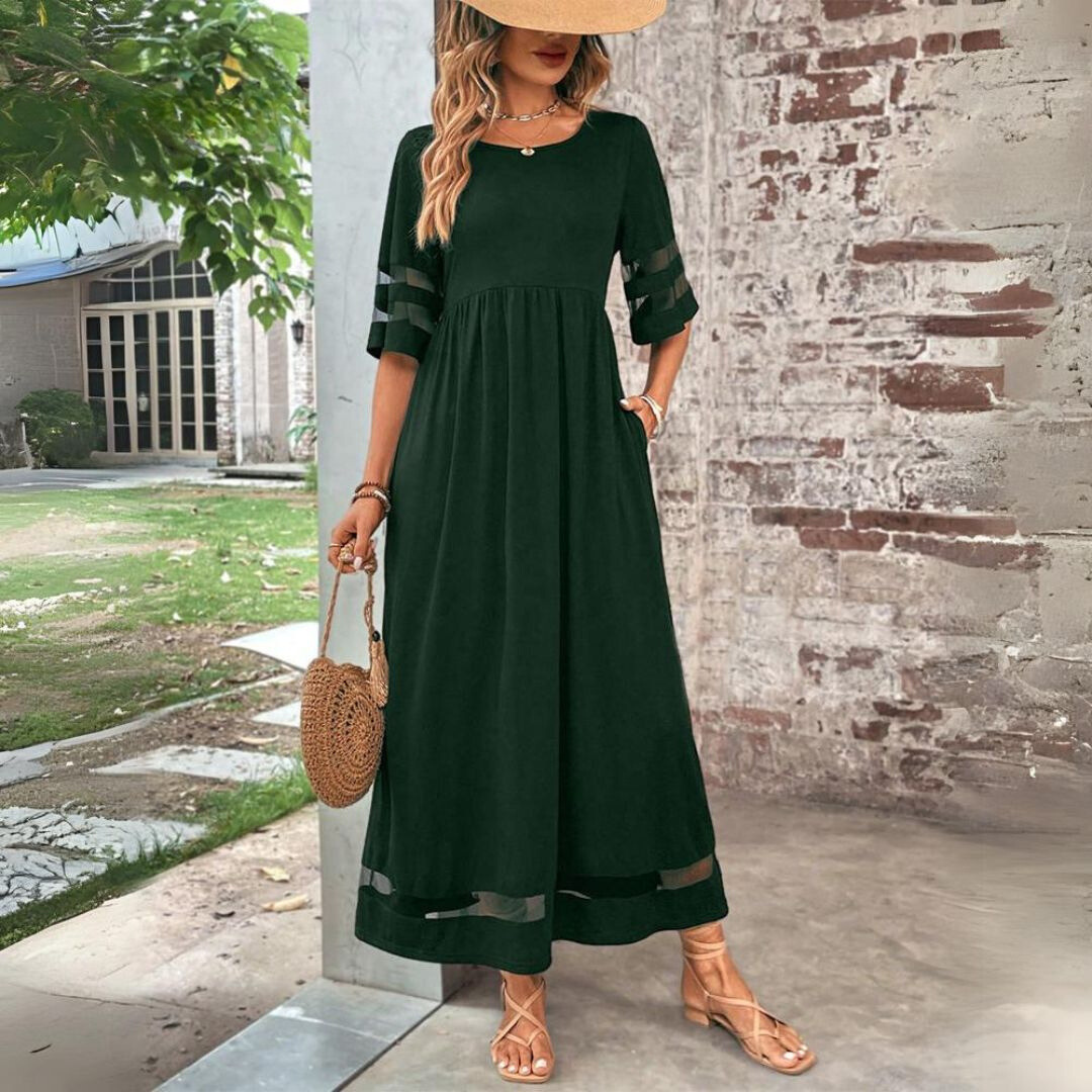 Abendkleid Damen lang in A-Linie mit Rundhalsausschnitt und Halbärmeln