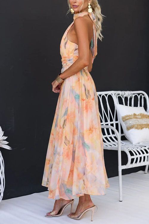 Abendkleid Damen lang und tailliert mit Aquarellmuster, Maxikleid