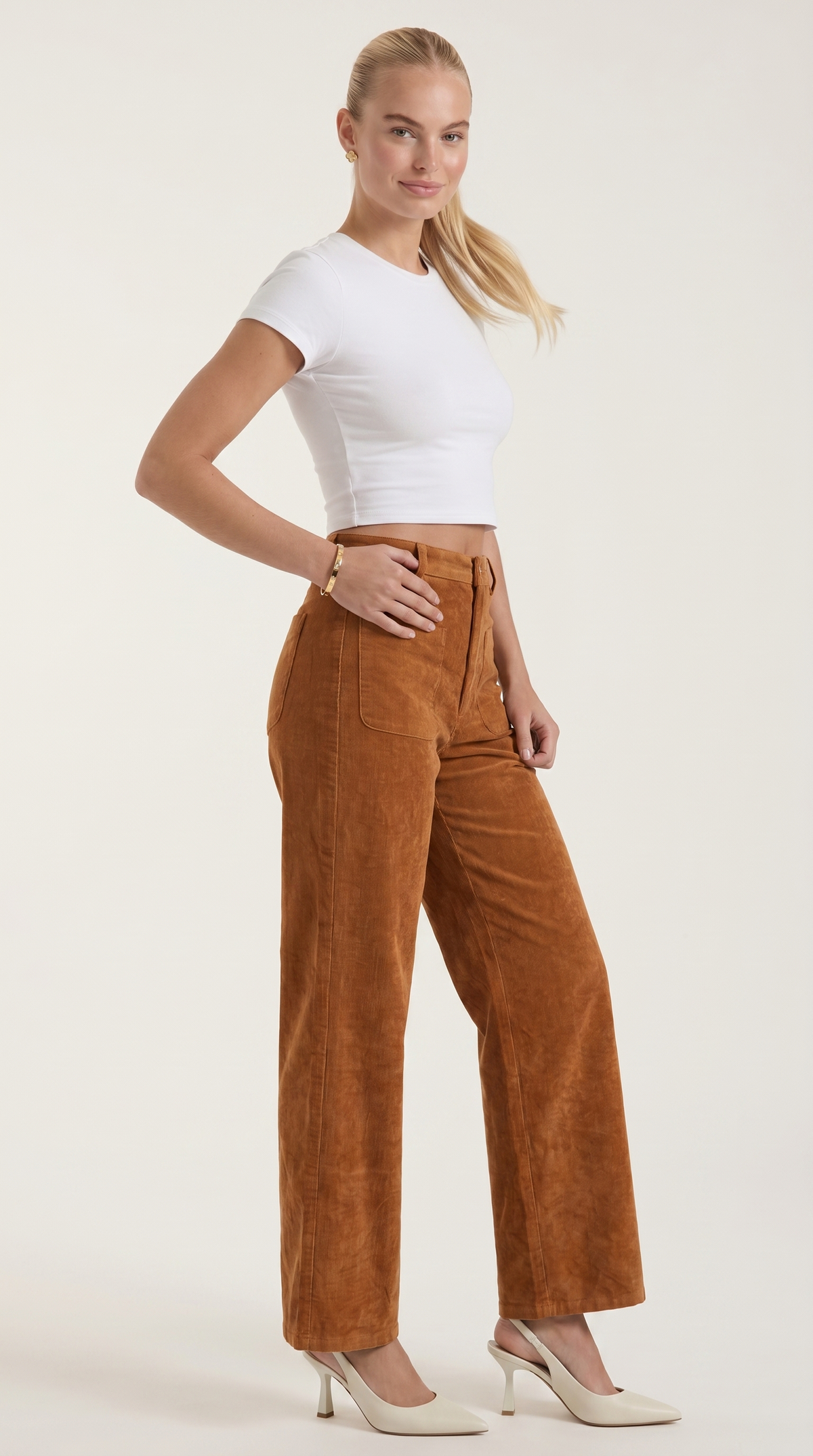 Cordhose mit hohem Bund und weitem Bein für Damen