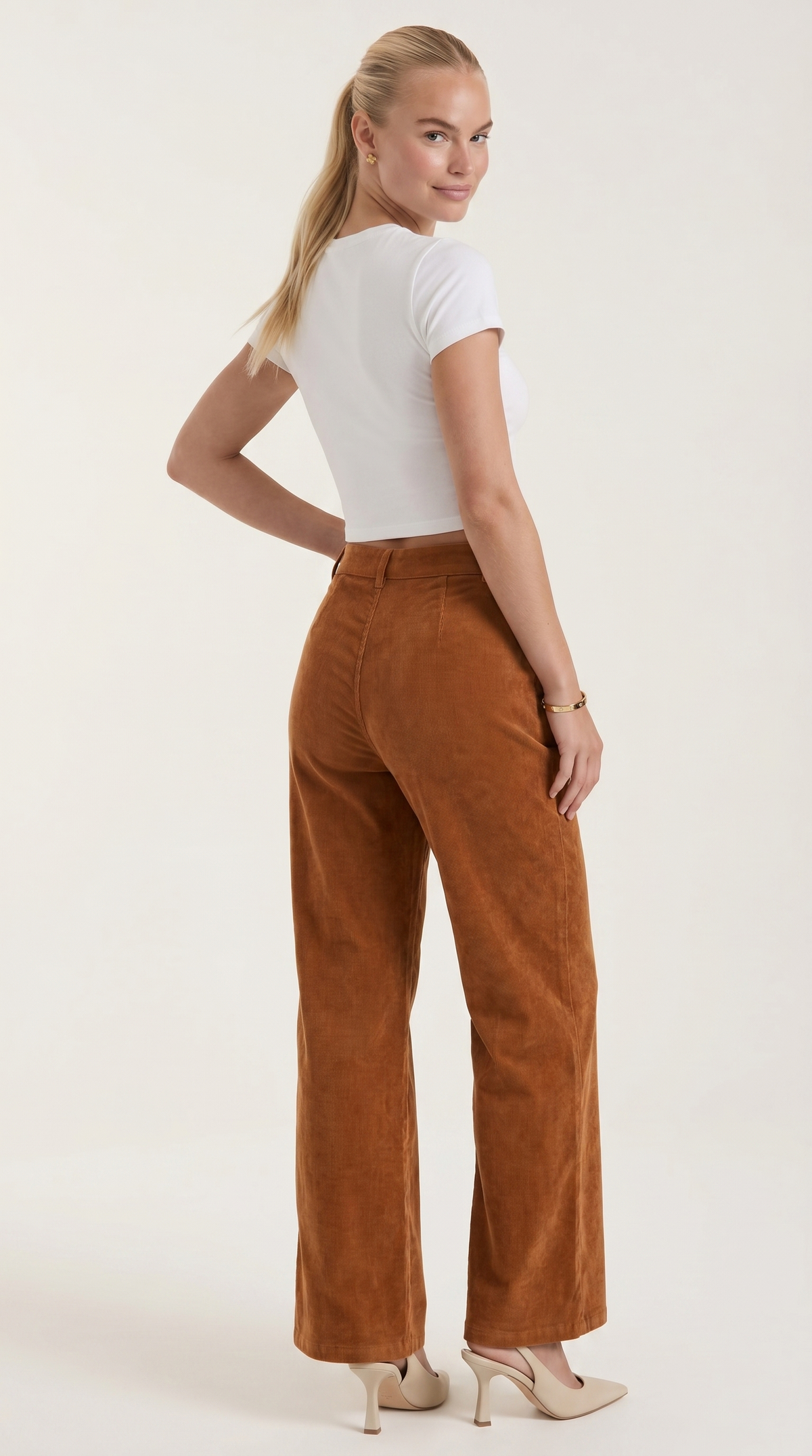 Cordhose mit hohem Bund und weitem Bein für Damen