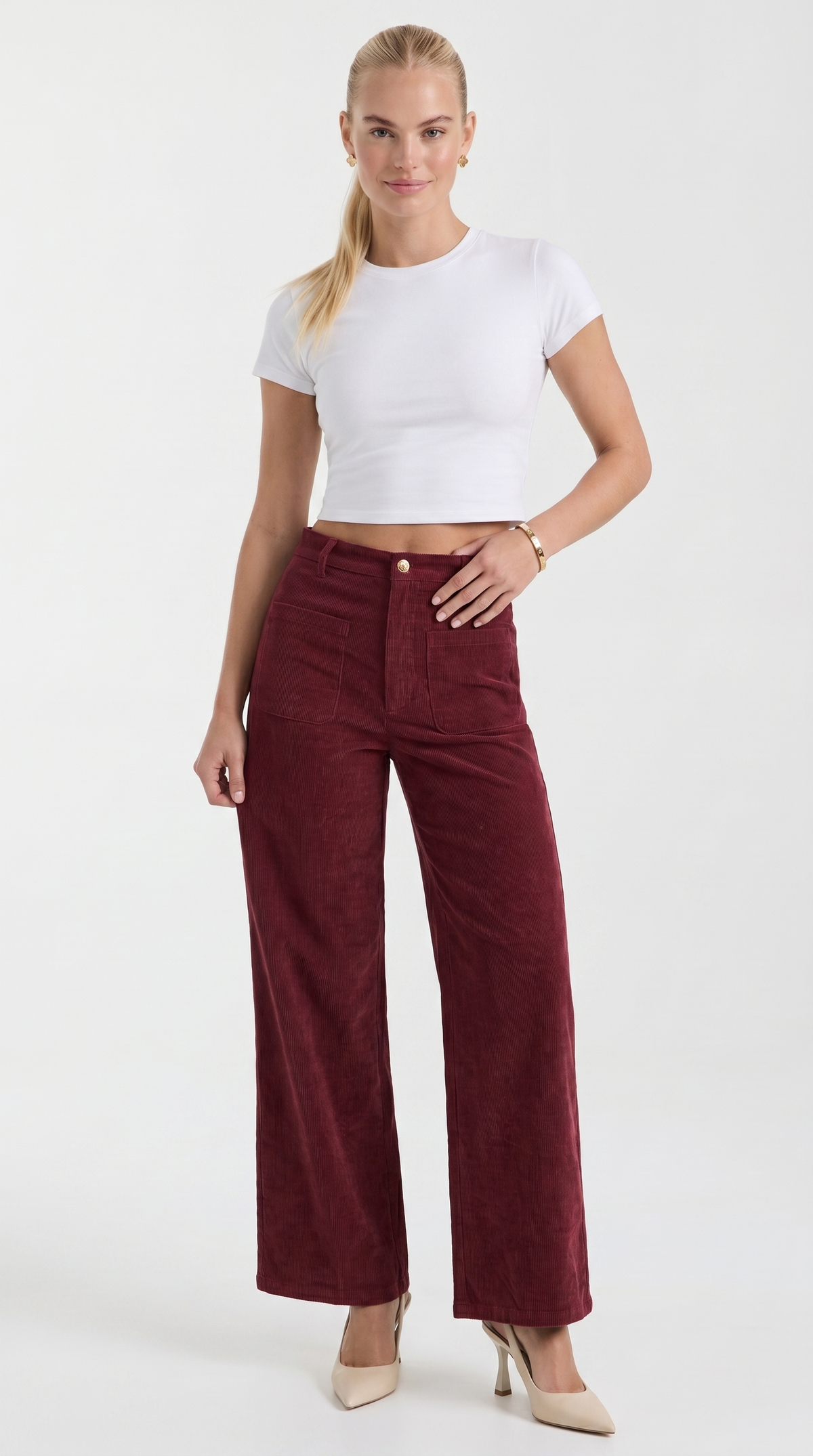 Cordhose mit hohem Bund und weitem Bein für Damen - Burgunderrot
