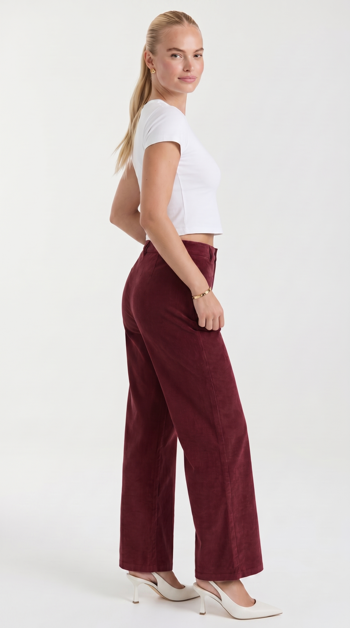Cordhose mit hohem Bund und weitem Bein für Damen