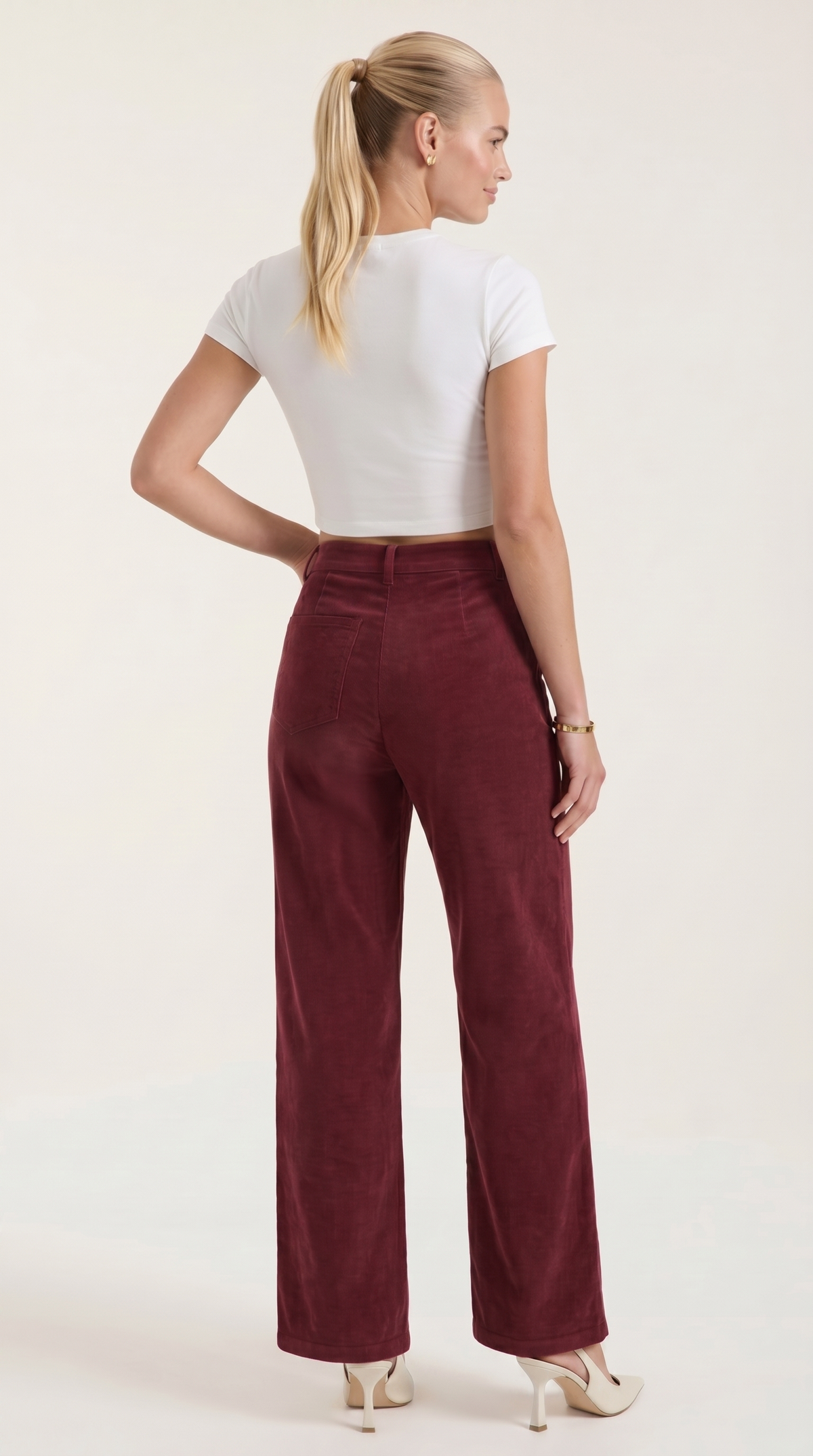 Cordhose mit hohem Bund und weitem Bein für Damen