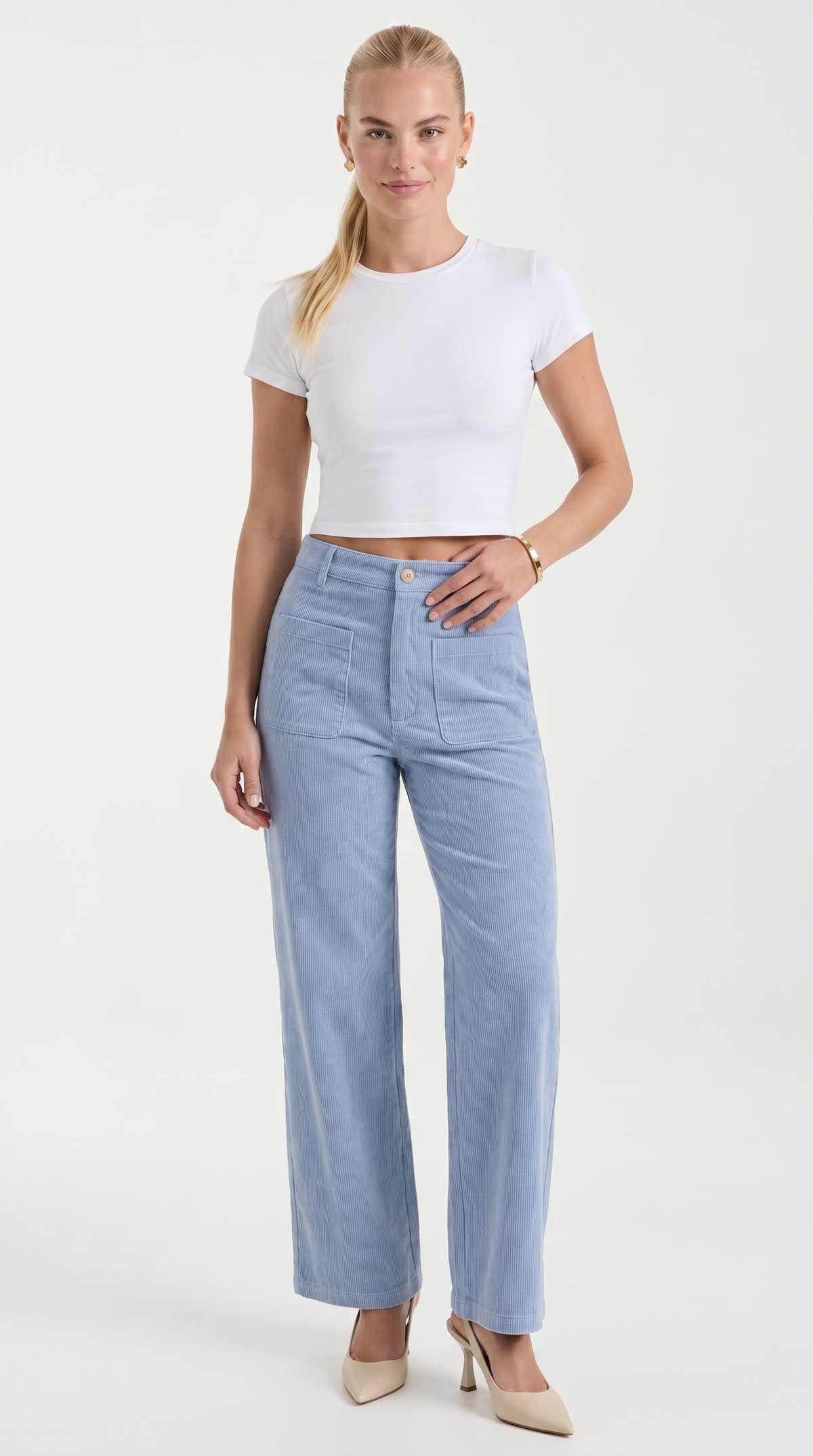 Cordhose mit hohem Bund und weitem Bein für Damen - Babyblau