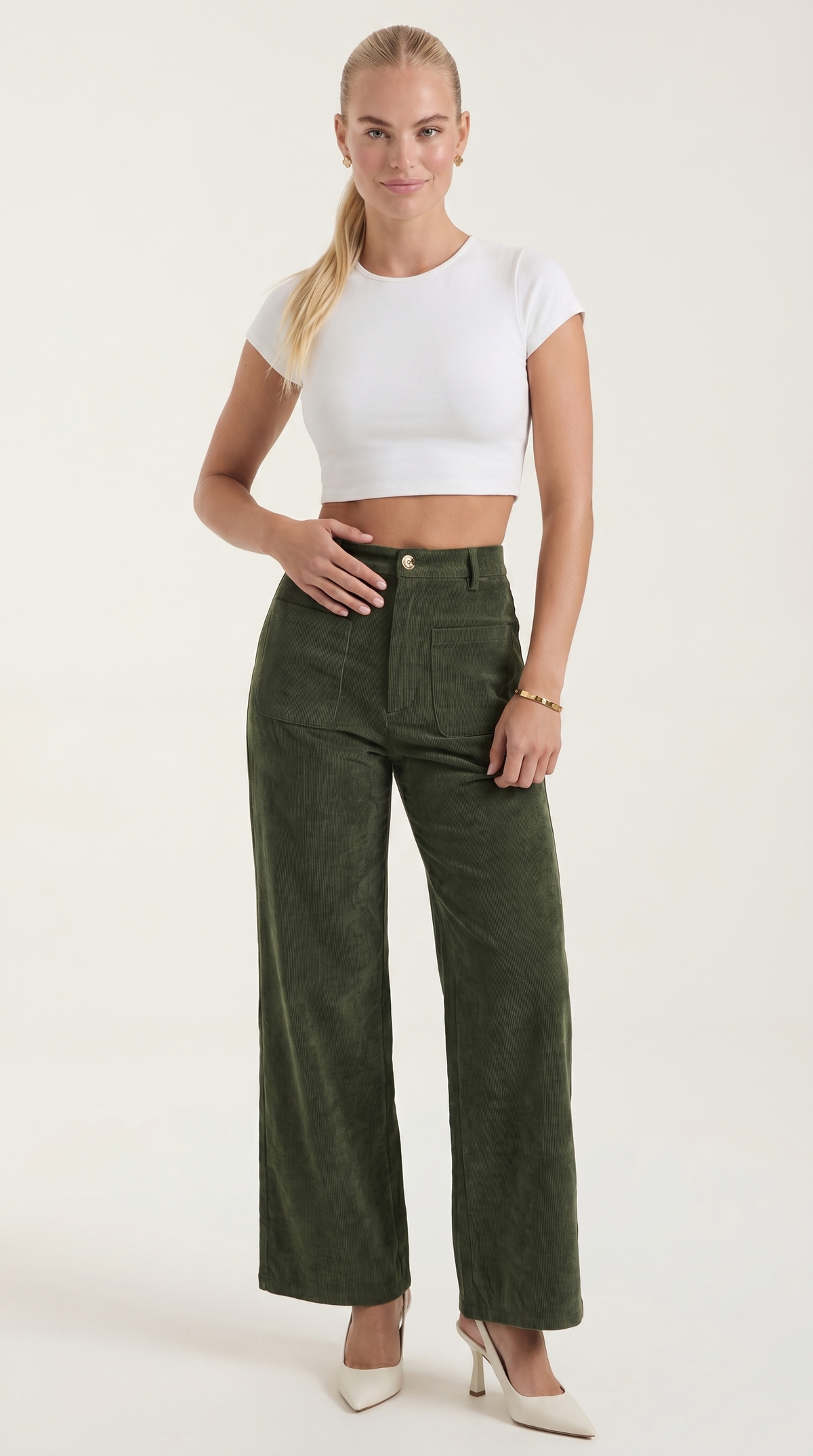 Cordhose mit hohem Bund und weitem Bein für Damen - Dunkelgrün