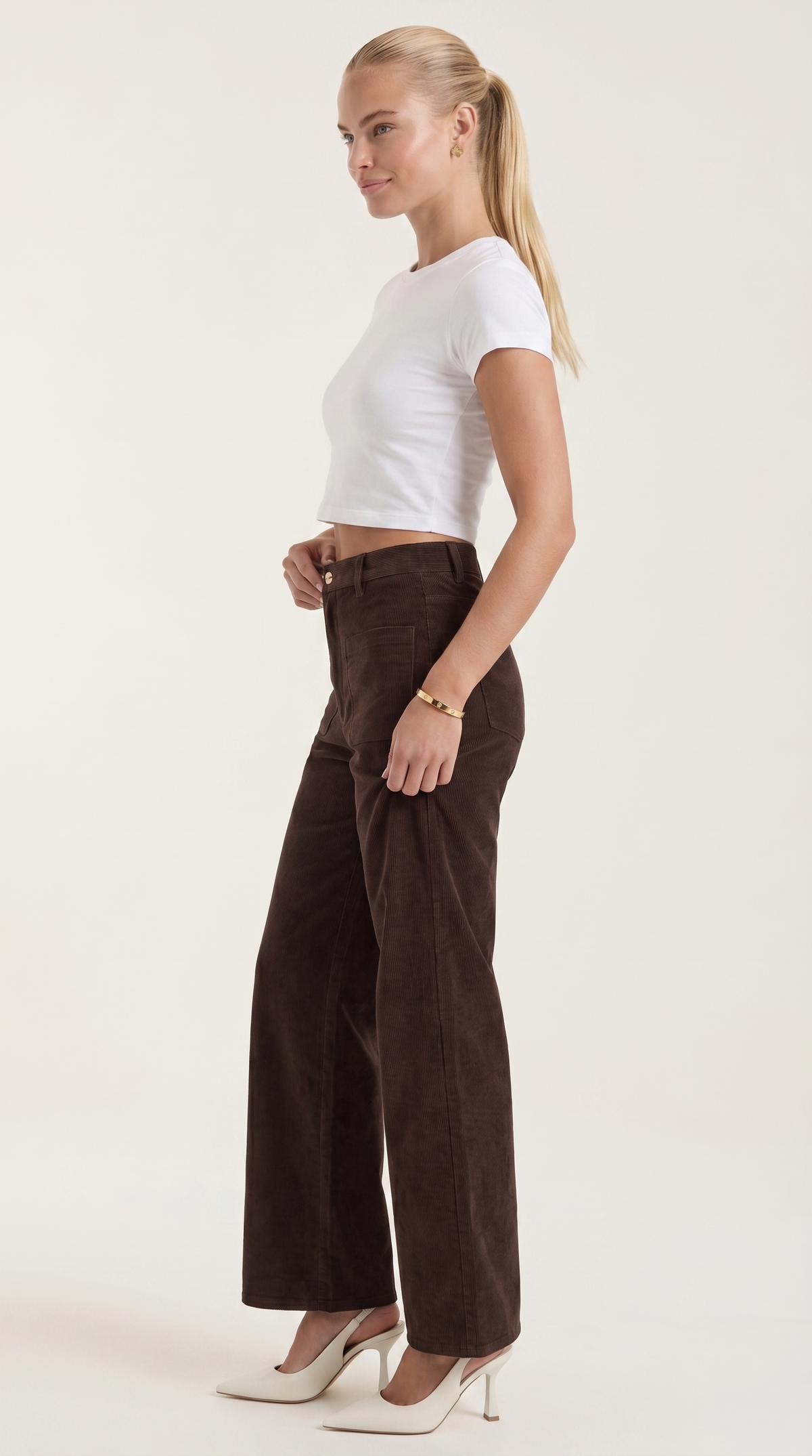 Cordhose mit hohem Bund und weitem Bein für Damen