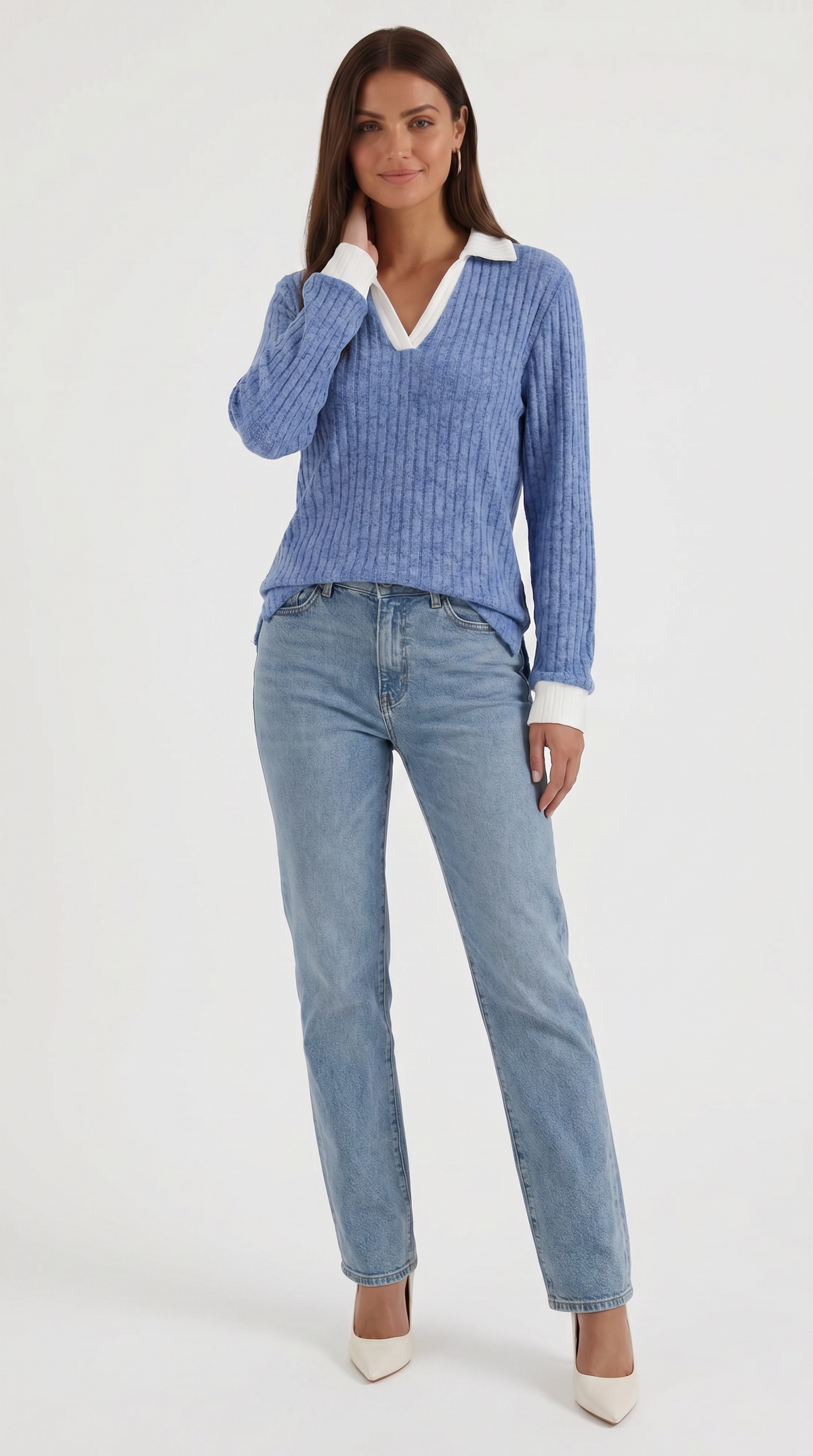 Langarmshirt mit Kragen und V-Ausschnitt in Rippstrick für Damen