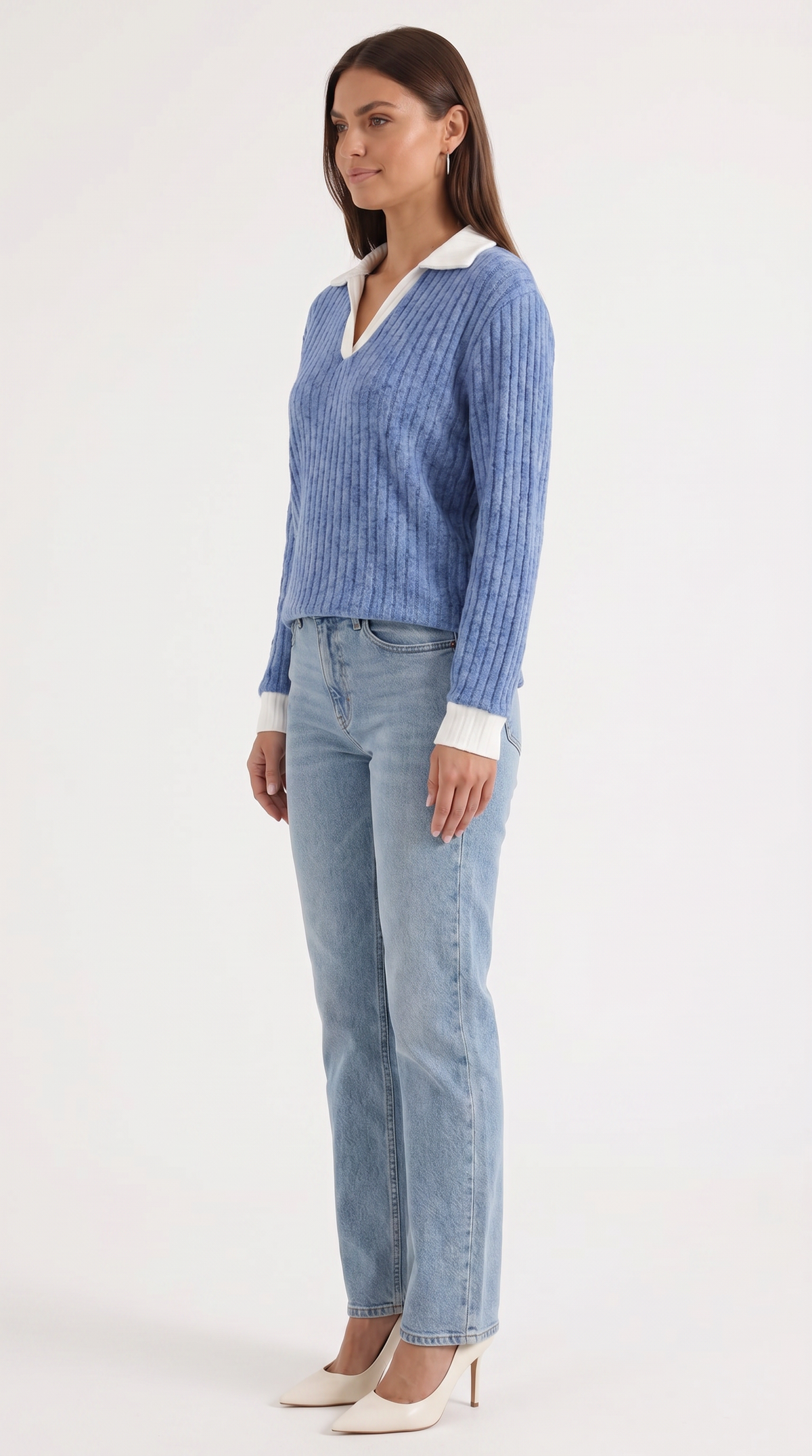 Langarmshirt mit Kragen und V-Ausschnitt in Rippstrick für Damen