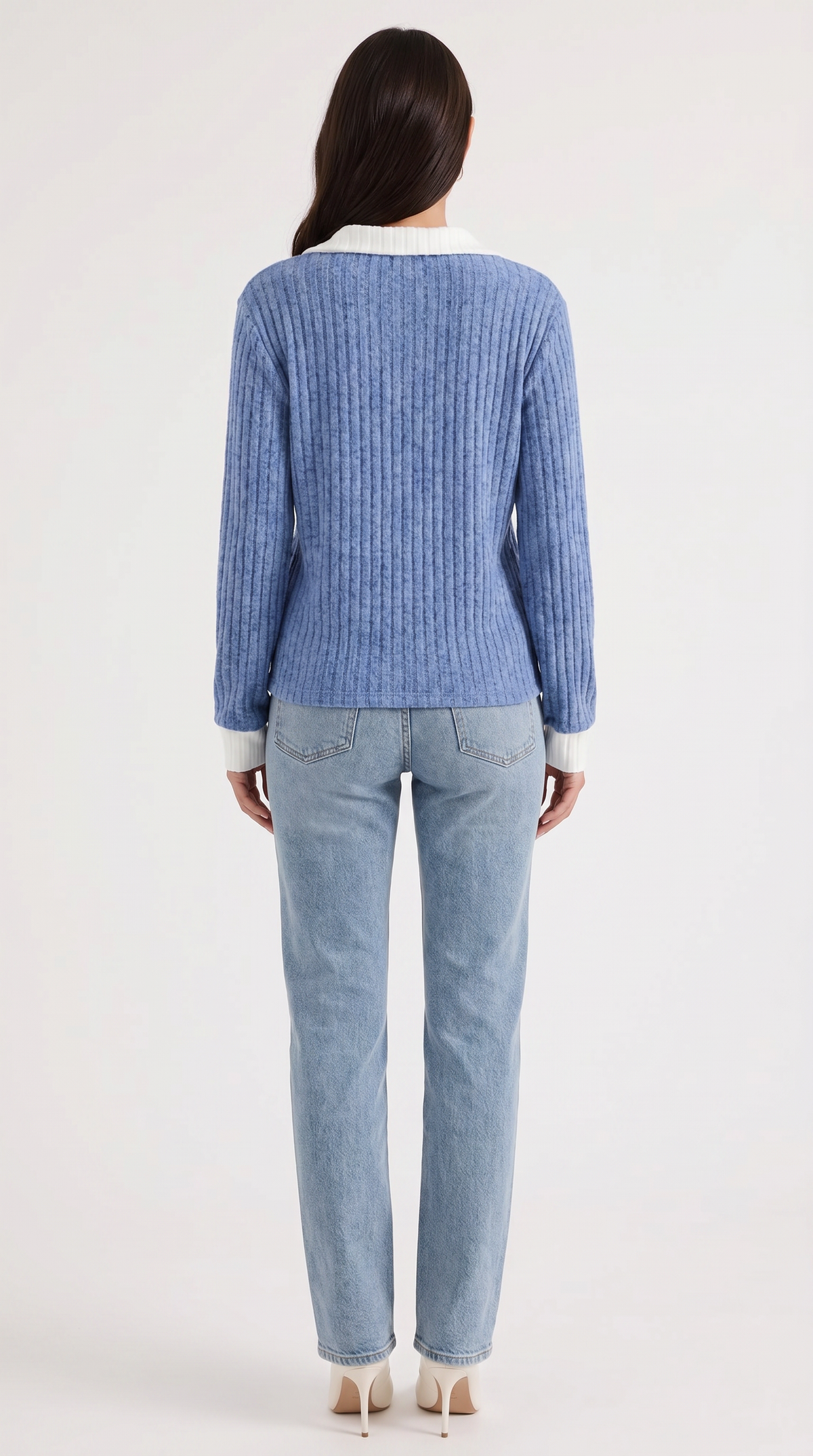 Langarmshirt mit Kragen und V-Ausschnitt in Rippstrick für Damen