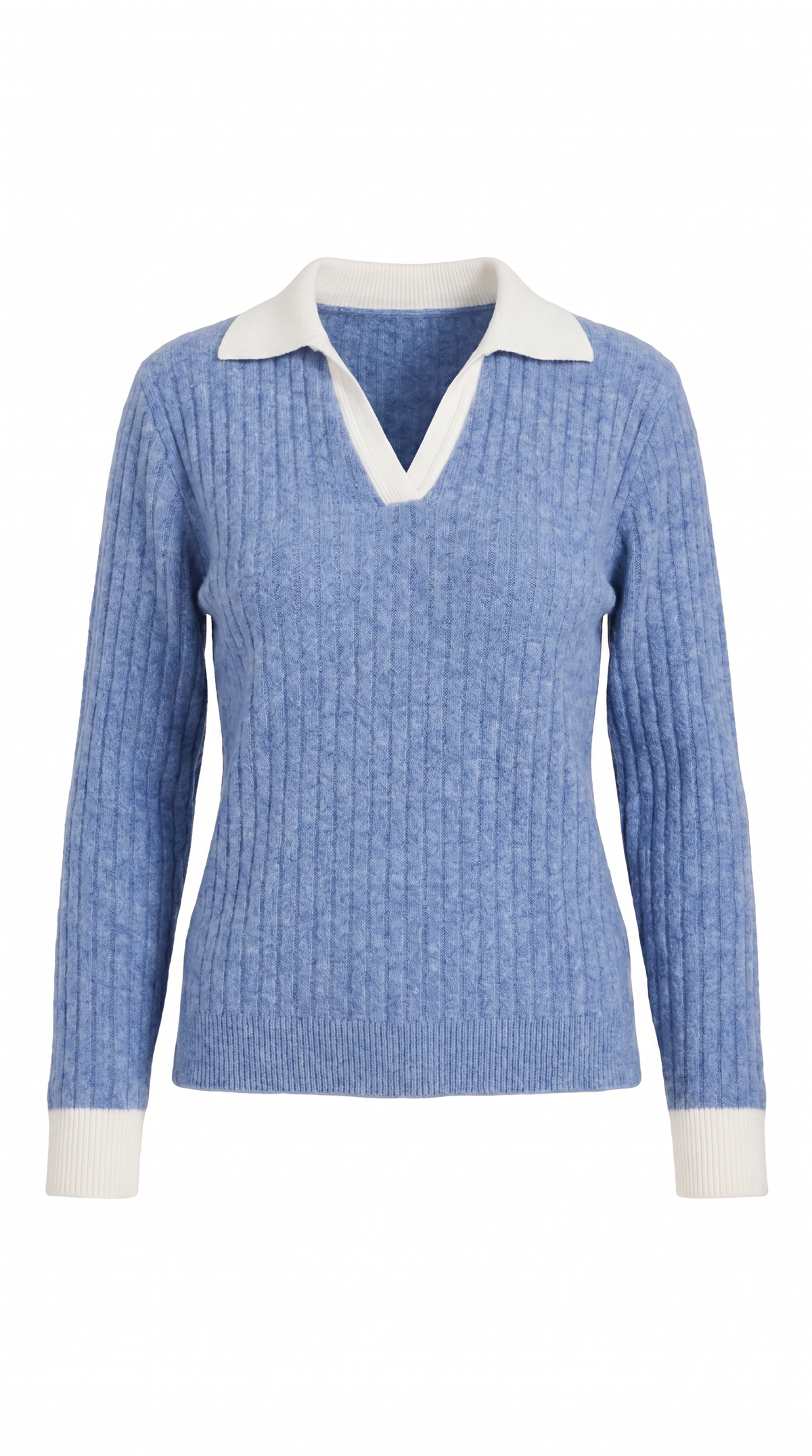Langarmshirt mit Kragen und V-Ausschnitt in Rippstrick für Damen