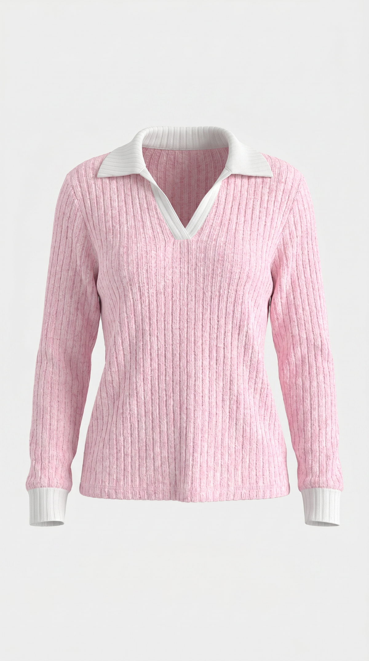 Langarmshirt mit Kragen und V-Ausschnitt in Rippstrick für Damen