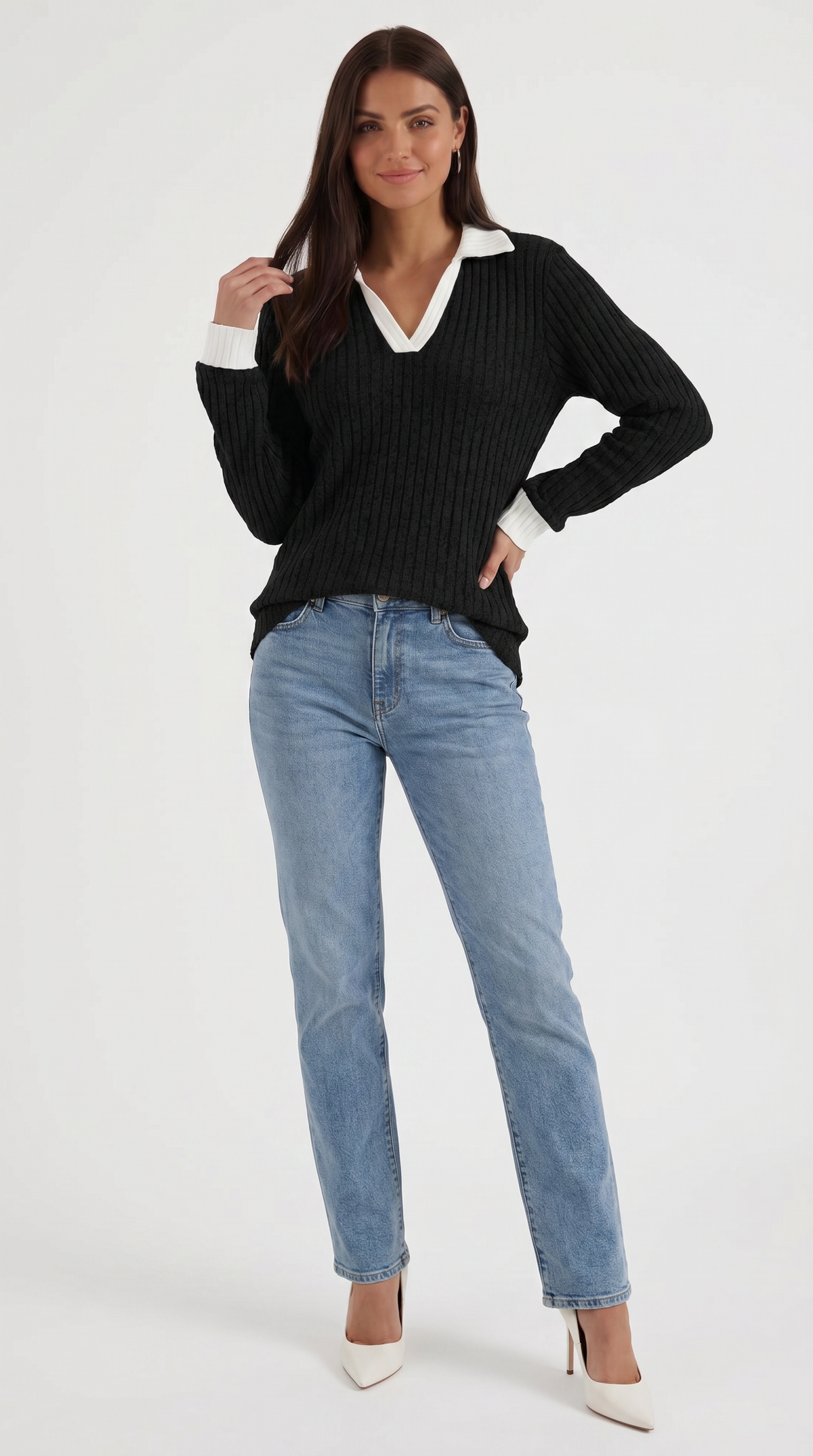 Langarmshirt mit Kragen und V-Ausschnitt in Rippstrick für Damen