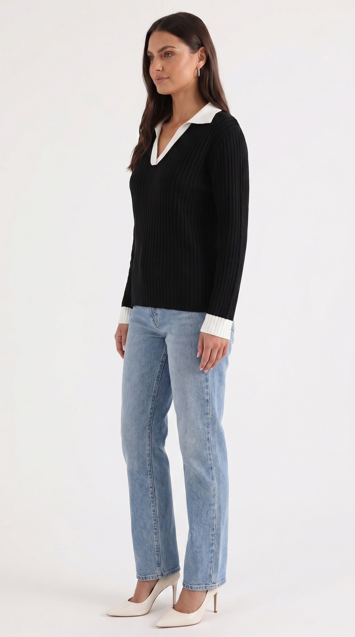 Langarmshirt mit Kragen und V-Ausschnitt in Rippstrick für Damen