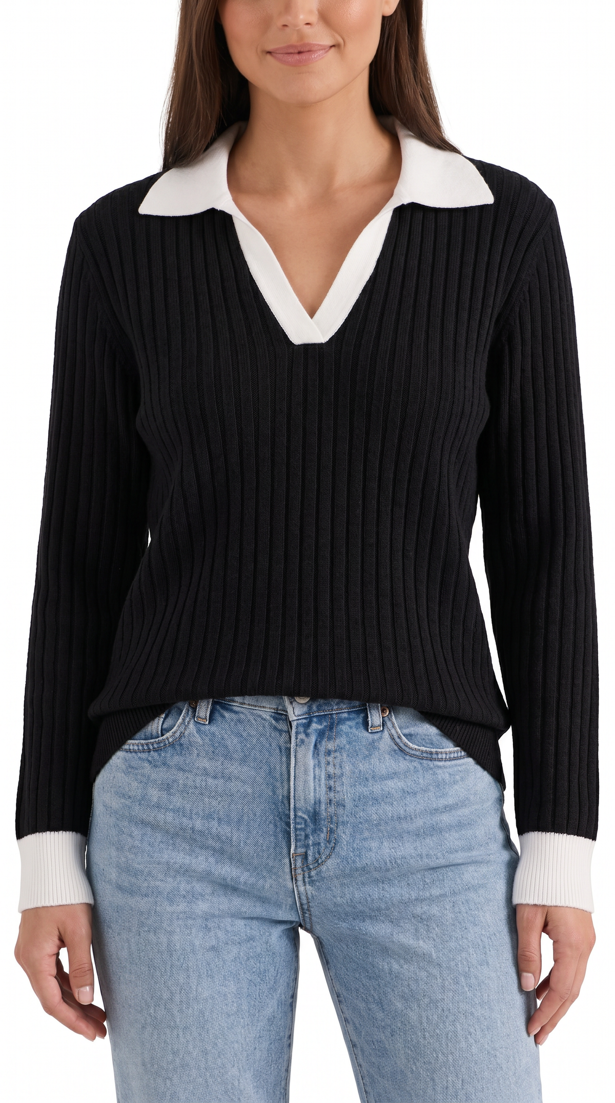 Langarmshirt mit Kragen und V-Ausschnitt in Rippstrick für Damen