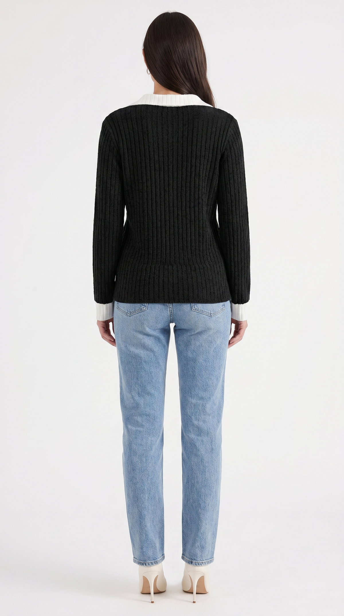 Langarmshirt mit Kragen und V-Ausschnitt in Rippstrick für Damen