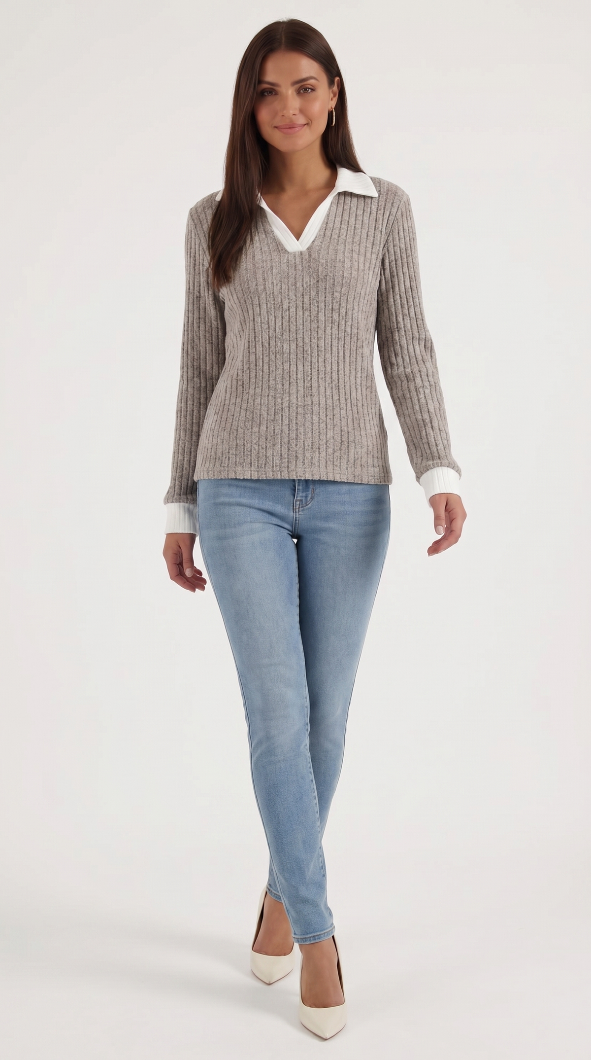 Langarmshirt mit Kragen und V-Ausschnitt in Rippstrick für Damen