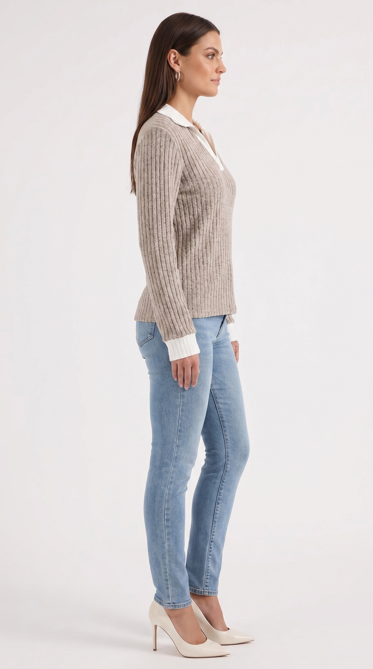 Langarmshirt mit Kragen und V-Ausschnitt in Rippstrick für Damen