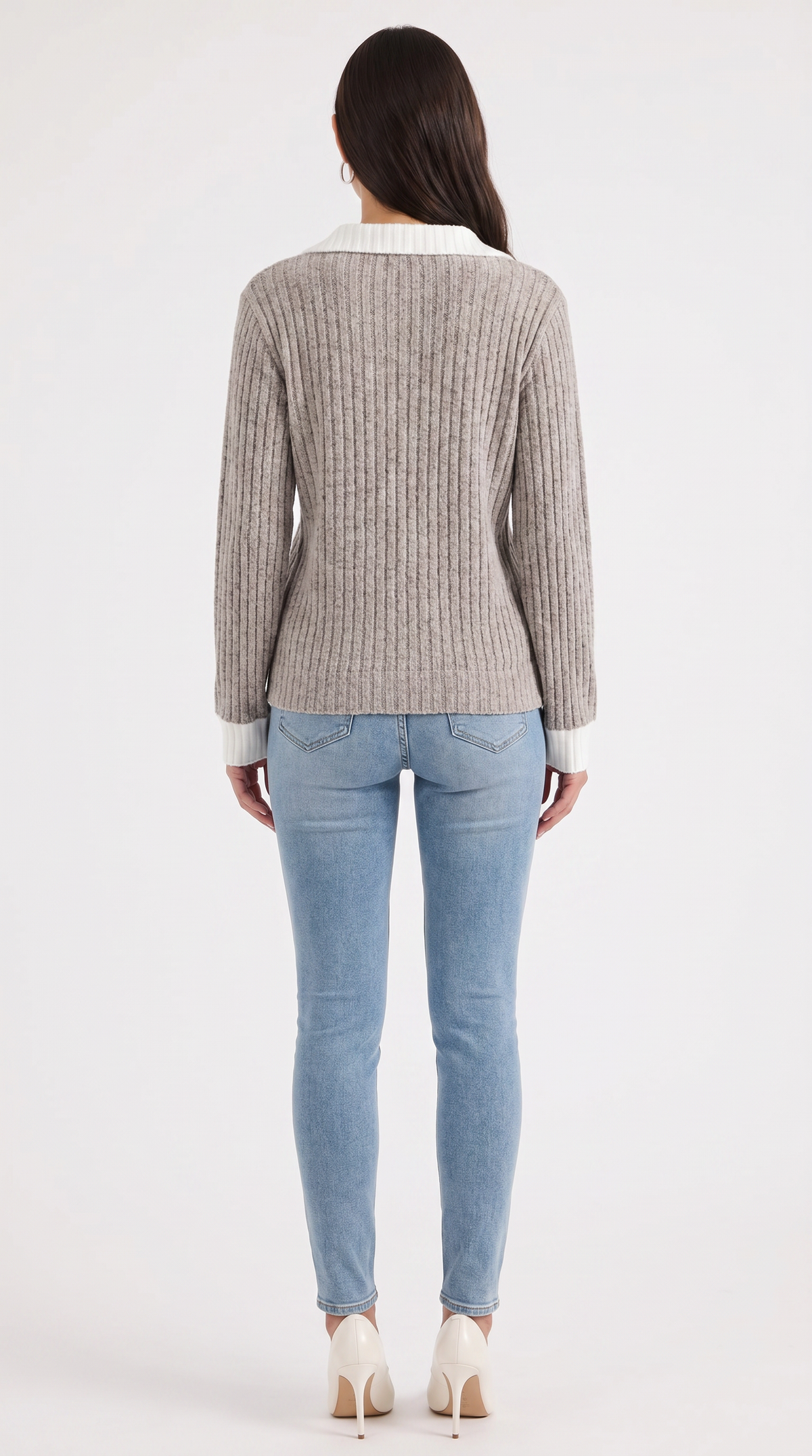 Langarmshirt mit Kragen und V-Ausschnitt in Rippstrick für Damen