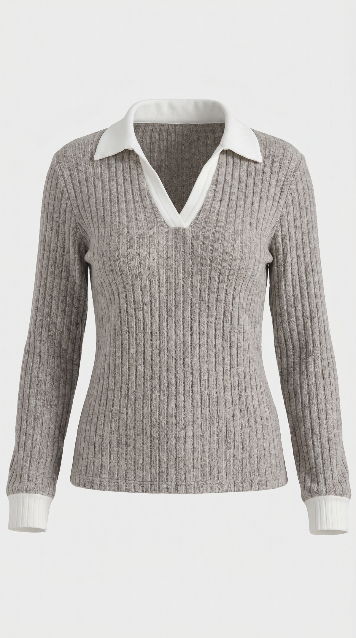 Langarmshirt mit Kragen und V-Ausschnitt in Rippstrick für Damen
