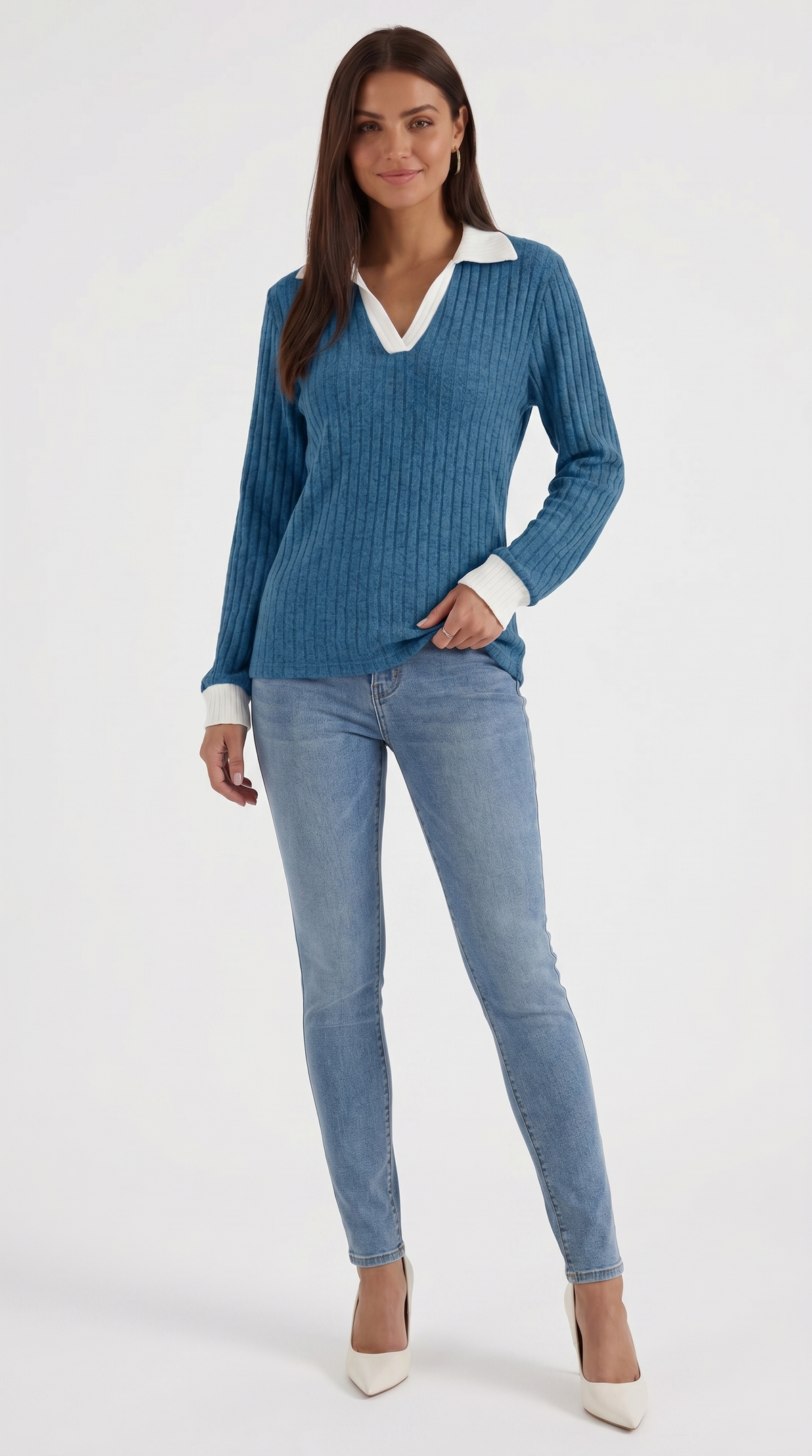 Langarmshirt mit Kragen und V-Ausschnitt in Rippstrick für Damen